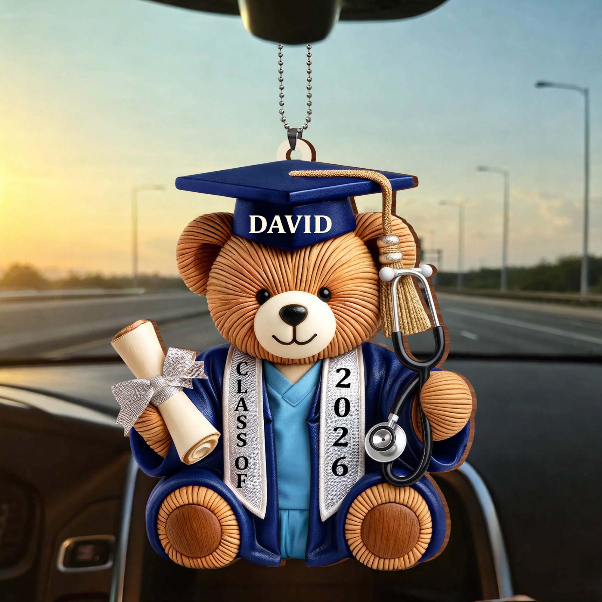 Class Of Graduation Bear Ornament, Car Hanging Ornament, Gift For Nurse Keychain For Men Women Graduates Cute Commemorative Preppy Brown Blue Printed Acrylic Nursing School Grad RN BSN Personalized Rearview Mirror Decor Accessories summervibes