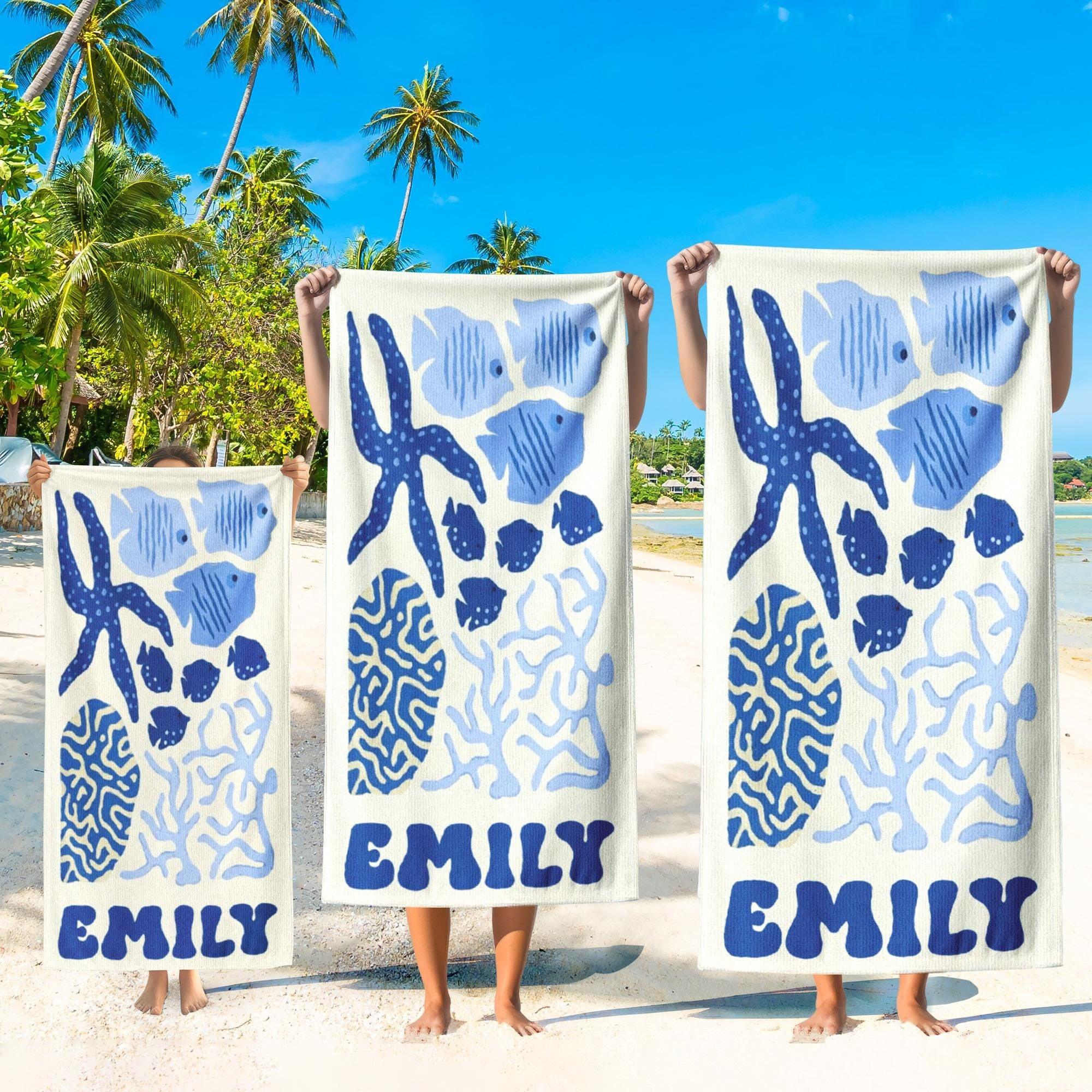 Custom Mermaid Tail Family Matching Beach Towel Personalized Mother & Daughter Gift Set Watercolor Crab Ocean Coastal Aesthetic Blue Pink Microfiber Pool Towels For Girls Women Kids Summer Vacation Beach Accessories Fast Dry Sand Free Swim 2
