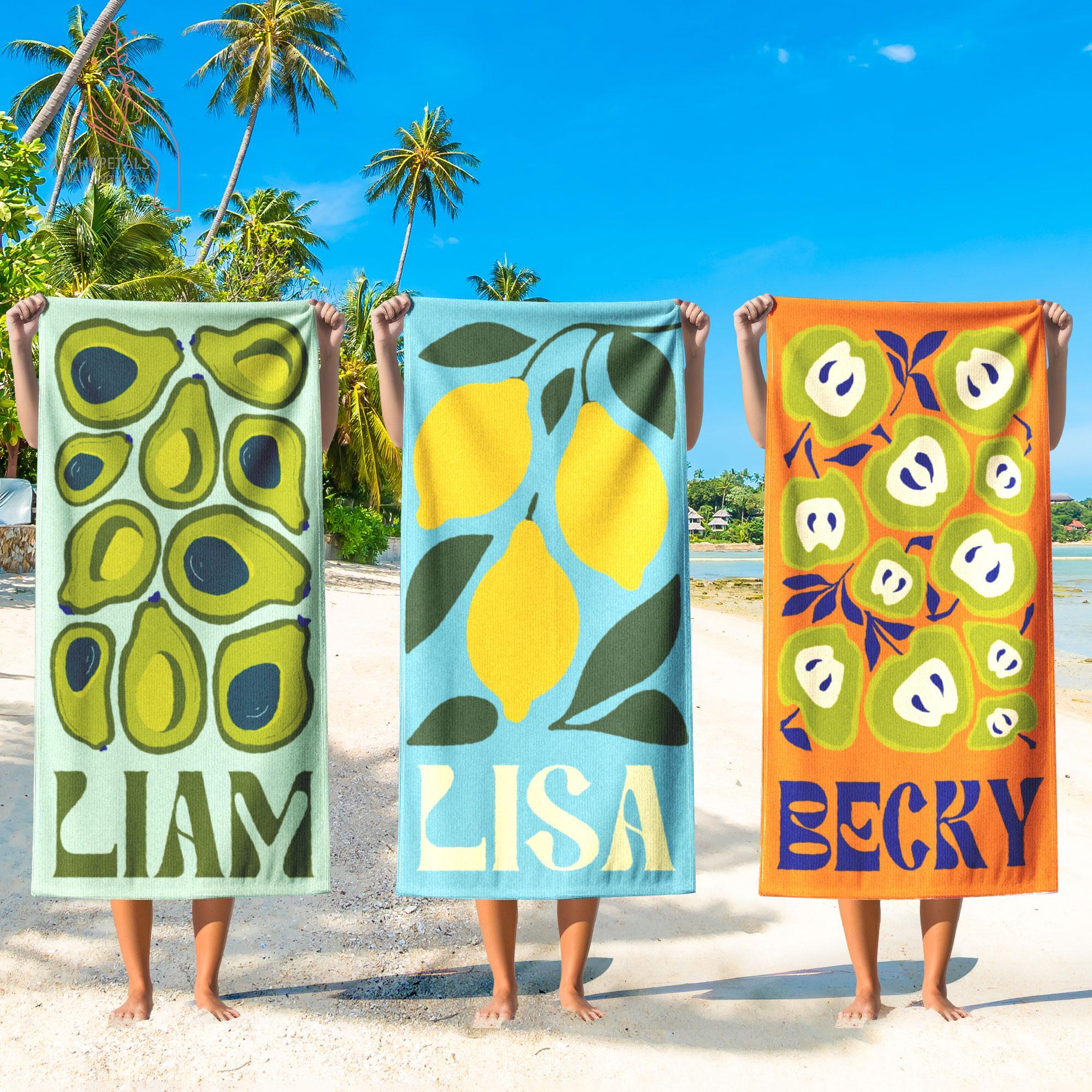 Personalized Retro Fruit Pattern Custom Name Matching Beach Towel for Women Men Groovy Vibes Y2K Funky Aesthetic Summervibes Vibrant Colorful Quick Dry Microfiber Pool Towel Bachelorette Party Vacation Summer Trip Gift Large Sand Free 3