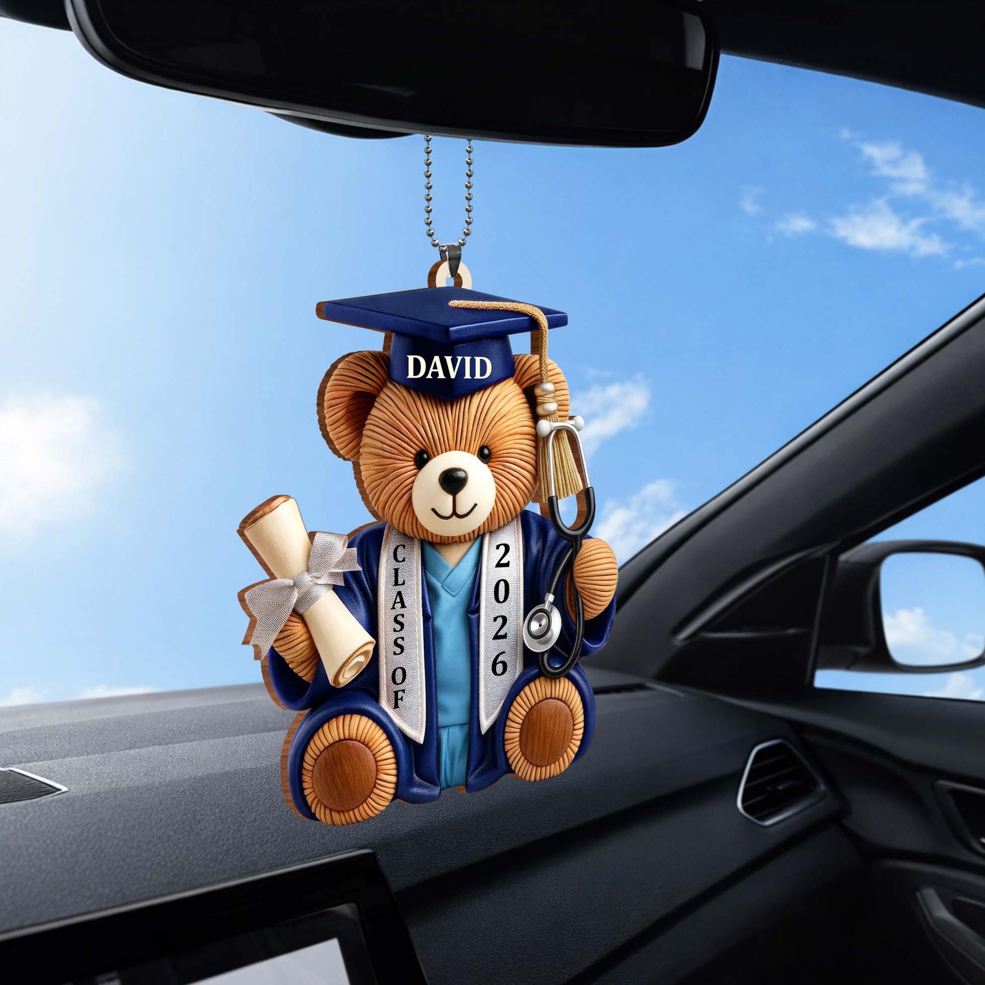 Class Of Graduation Bear Ornament, Car Hanging Ornament, Gift For Nurse Keychain For Men Women Graduates Cute Commemorative Preppy Brown Blue Printed Acrylic Nursing School Grad RN BSN Personalized Rearview Mirror Decor Accessories summervibes 4
