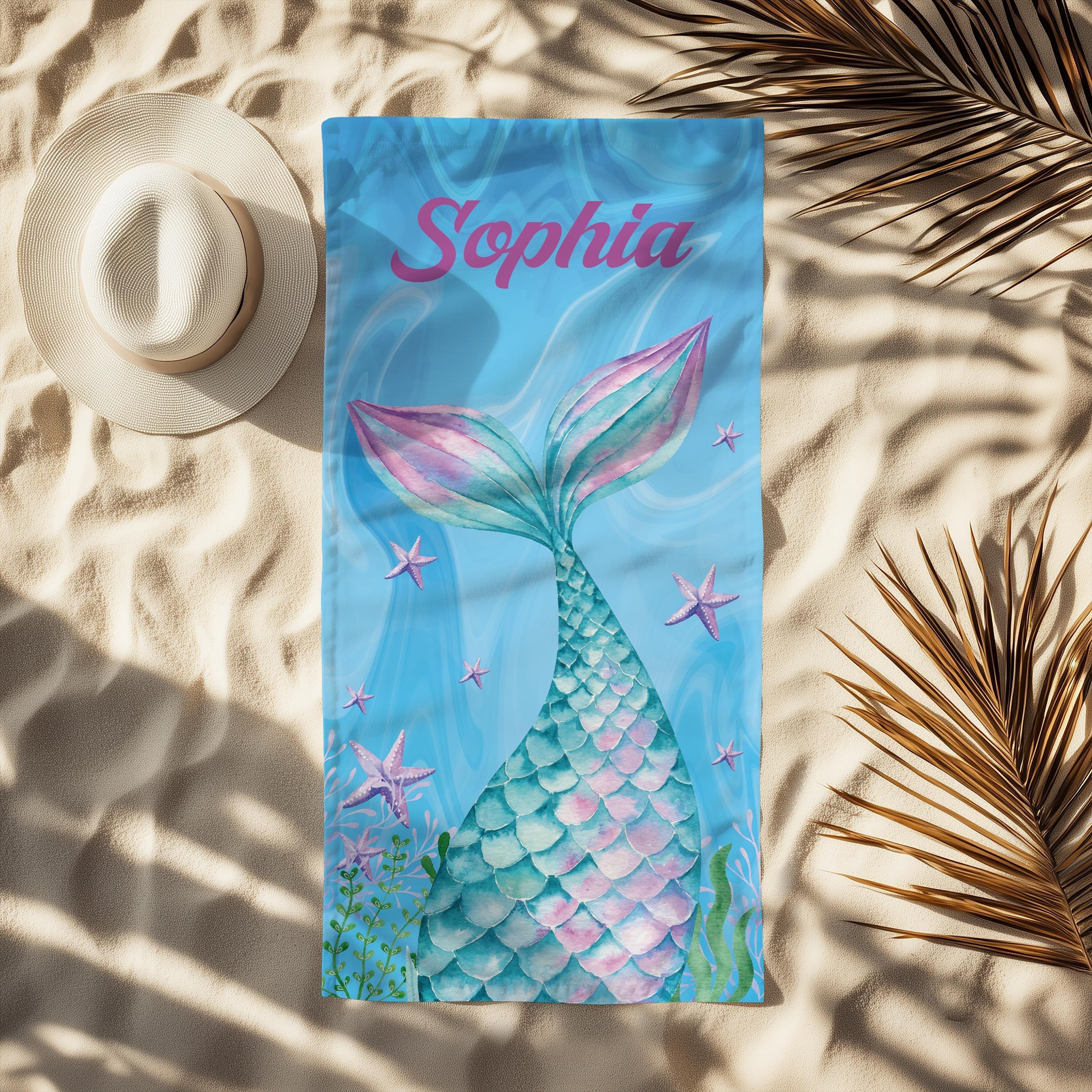 Custom Mermaid Tail Beach Matching Towel Personalized Girl Squad Mother & Daughter Matching Gift Set Watercolor Mermaidcore Ocean Coastal Aesthetic Blue Pink Microfiber Pool Towels For Women Kids Summer Vacation Beach Accessories Fast Dry Sand 4