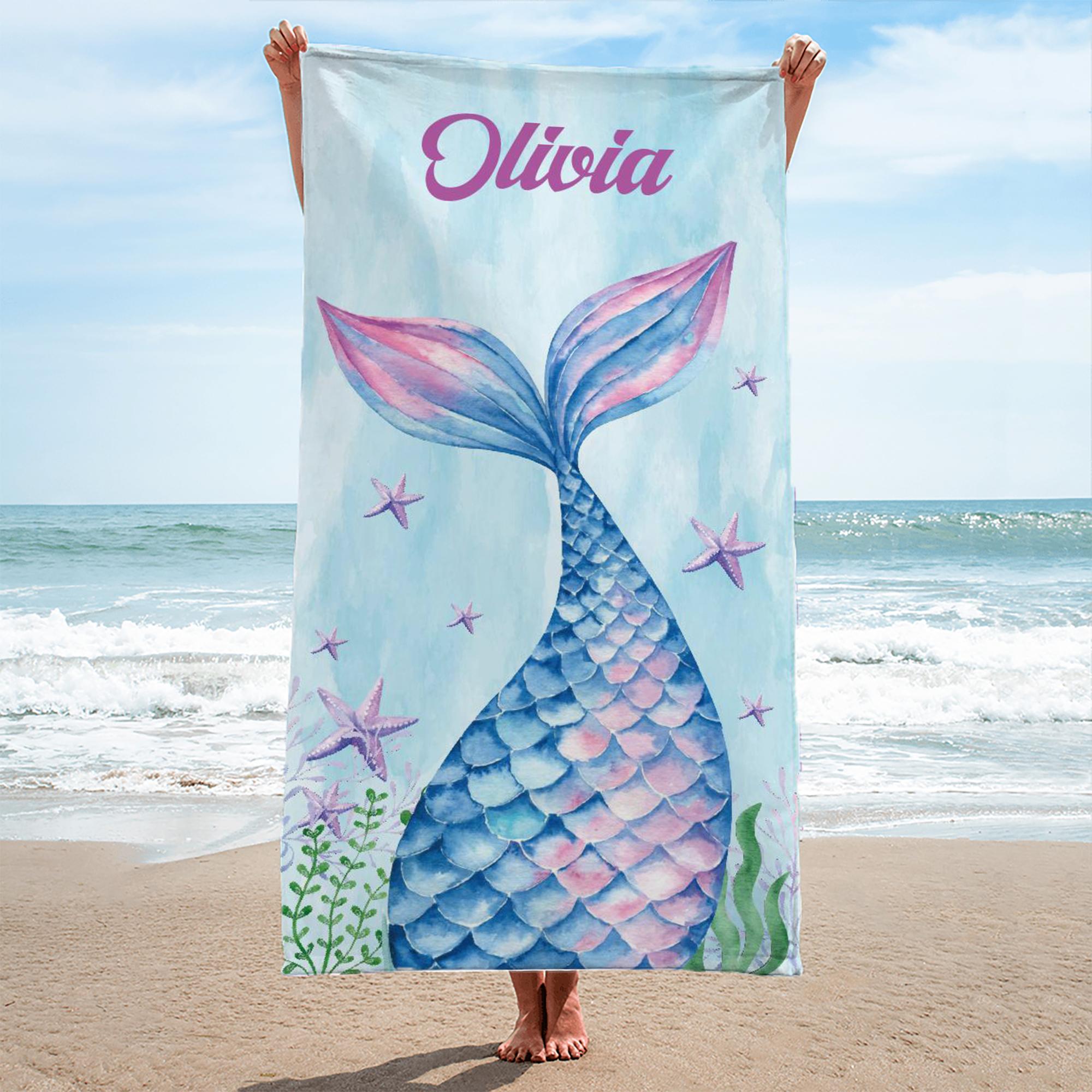 Custom Mermaid Tail Beach Matching Towel Personalized Girl Squad Mother & Daughter Matching Gift Set Watercolor Mermaidcore Ocean Coastal Aesthetic Blue Pink Microfiber Pool Towels For Women Kids Summer Vacation Beach Accessories Fast Dry Sand 2