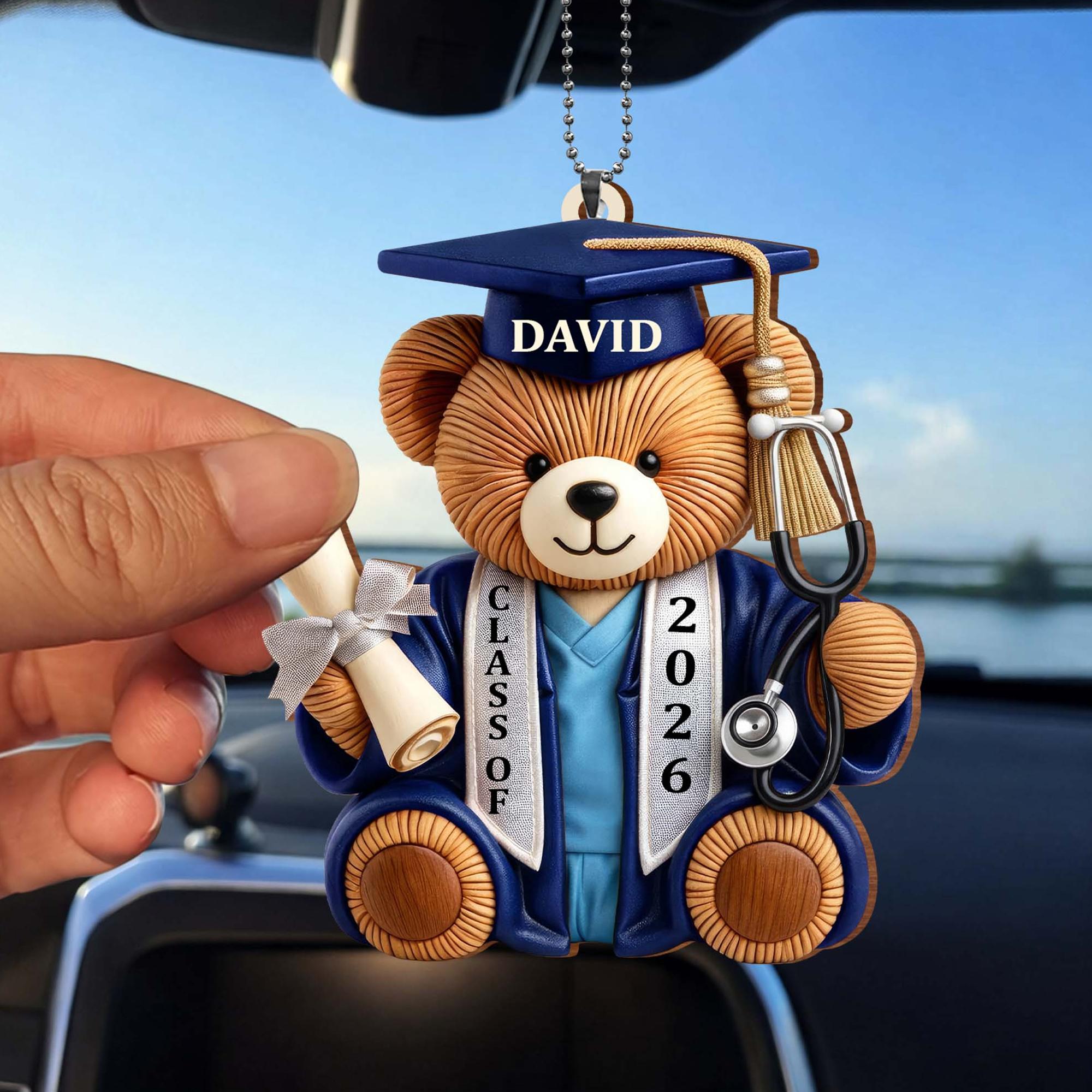 Class Of Graduation Bear Ornament, Car Hanging Ornament, Gift For Nurse Keychain For Men Women Graduates Cute Commemorative Preppy Brown Blue Printed Acrylic Nursing School Grad RN BSN Personalized Rearview Mirror Decor Accessories summervibes 2