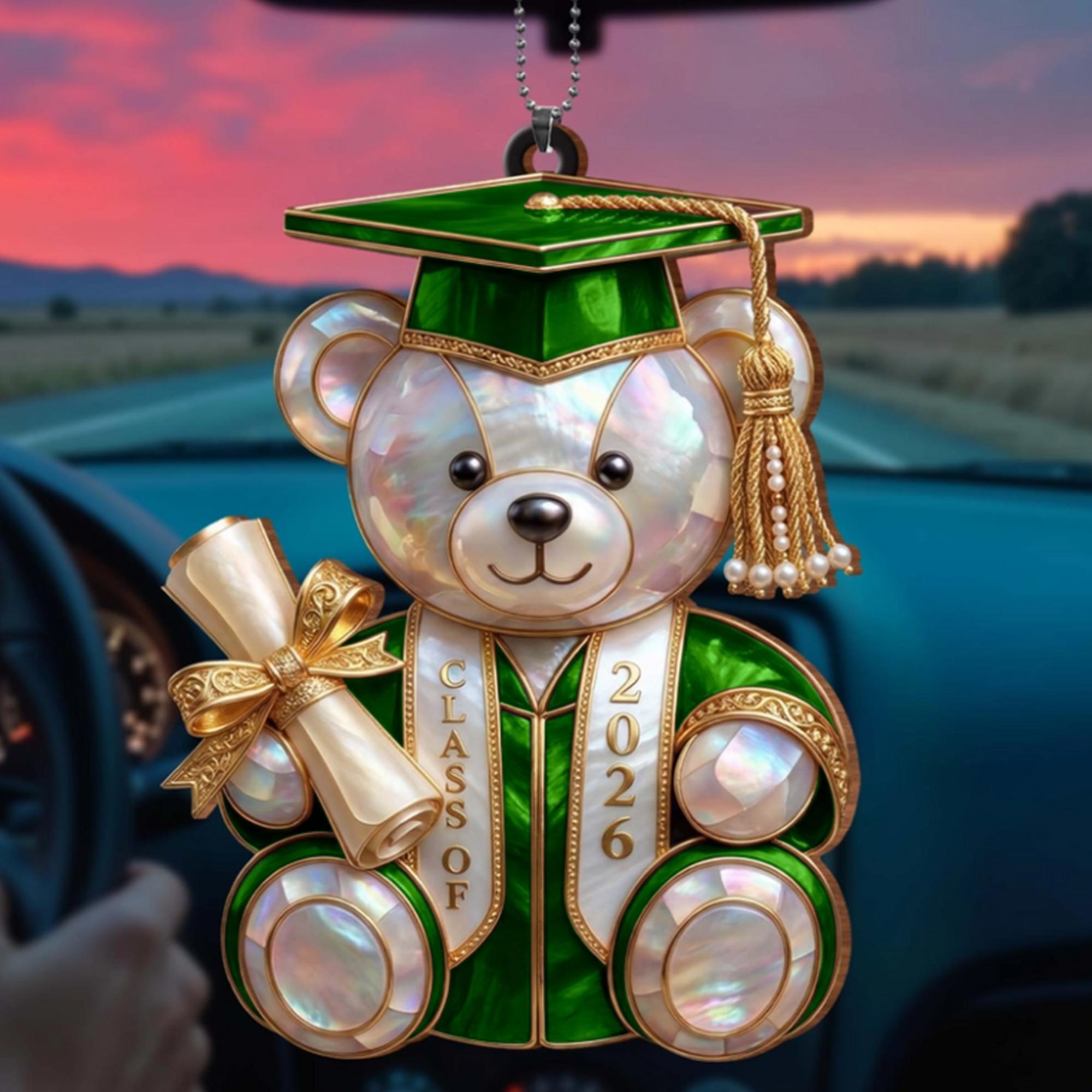 Personalized Class Of Graduation Bear Acrylic Ornament, Pearlescent Maroon-Gold Faux Stained Glass Keepsake, Graduation Gift Ideas for High School Seniors with Custom Name & Year, Car Rearview Mirror Charm 3