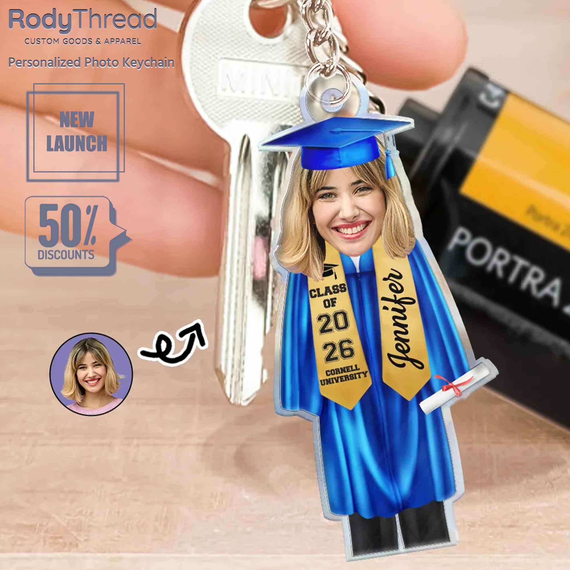 Custom Photo Acrylic Graduation Keychain - Name Engraved, Personalized Charm, Customizable Keychains for Class of 2026, US-Made University Keepsake with Name & School, Graduation Gift, Name Engraved Keychains 2