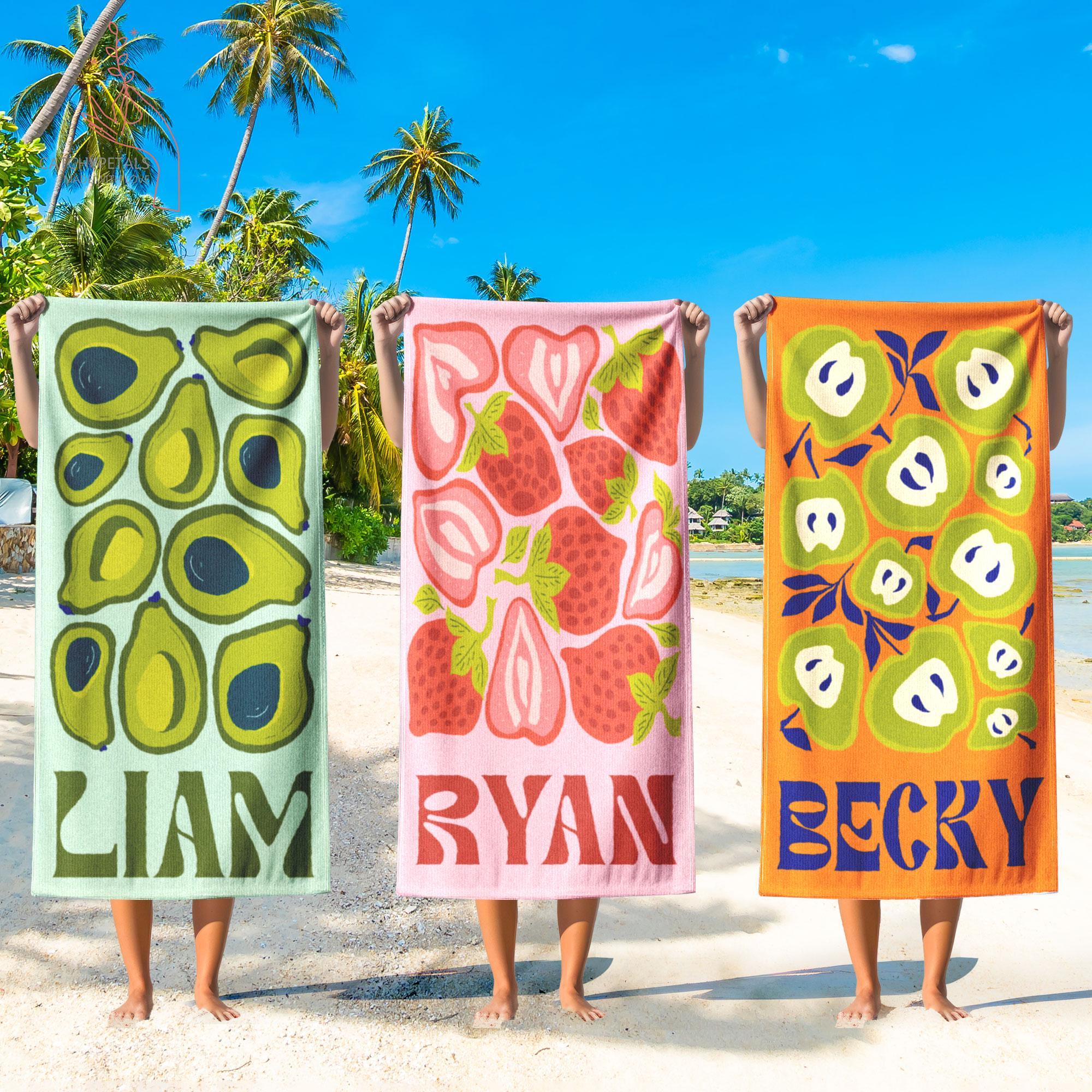 Personalized Retro Fruit Pattern Custom Name Matching Beach Towel for Women Men Groovy Vibes Y2K Funky Aesthetic Summervibes Vibrant Colorful Quick Dry Microfiber Pool Towel Bachelorette Party Vacation Summer Trip Gift Large Sand Free 4