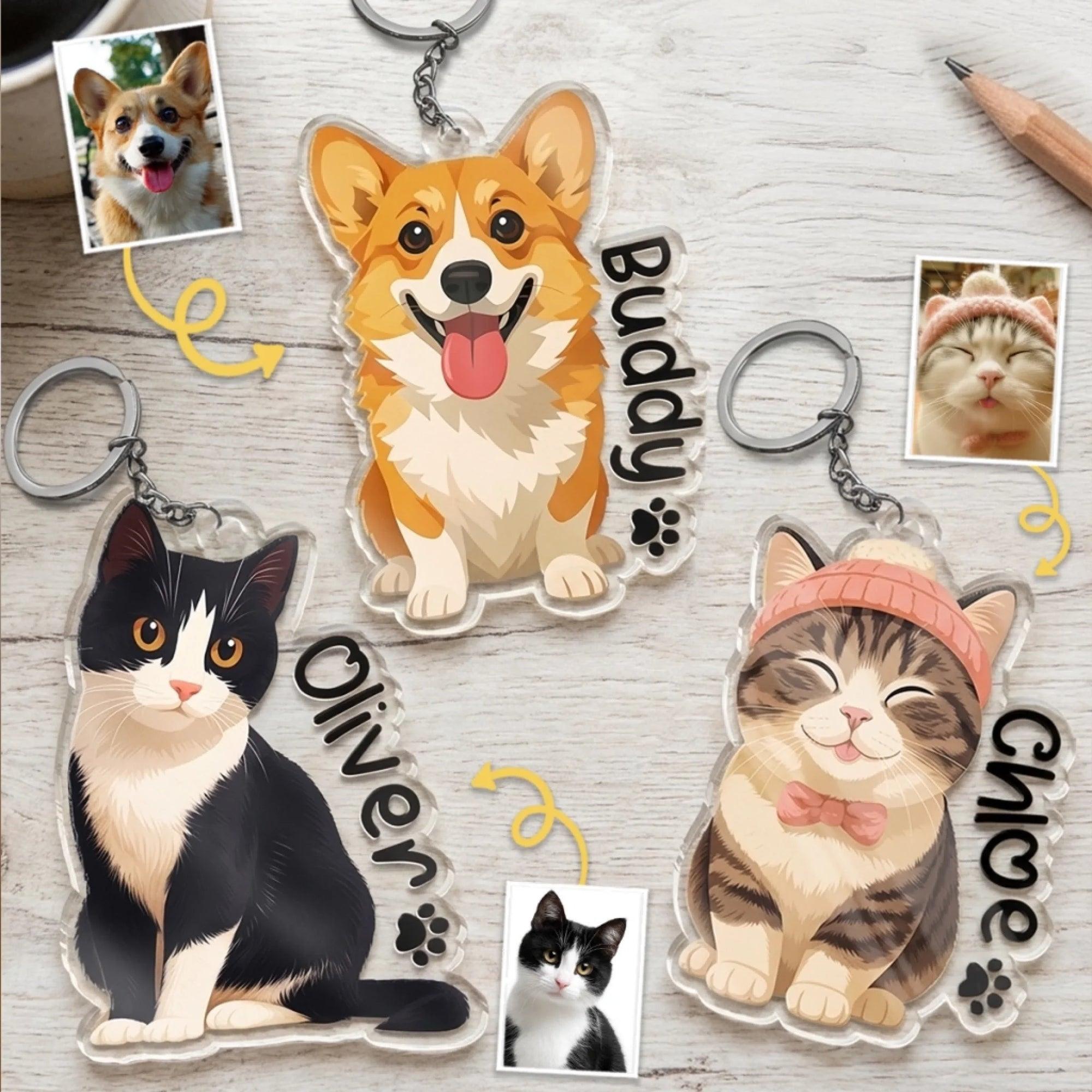 Custom Pet Illustration Acrylic Keychain - Hand-Drawn Dog & Cat Portrait Charm, Named Keepsake, Durable Bag Tag, Made in USA, Women's Accessory, Custom-Made, Animal Motif, Chain-Attached, Charm Keychains, Custom-Made Keychains 2