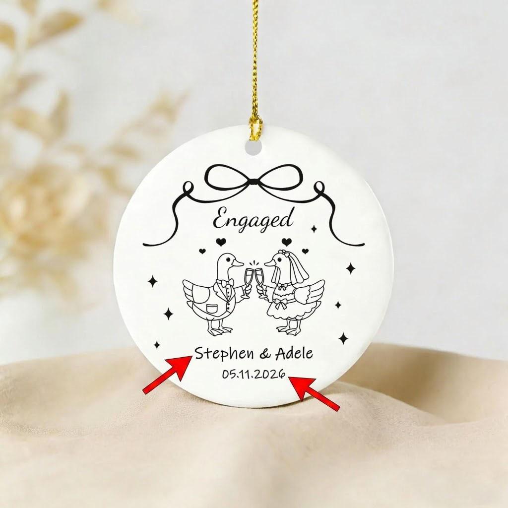 Personalized Ceramic Engaged Goose Ornament Keepsake, Custom Names & Year Bauble with Gold String, Coquette Minimalist Aesthetic Wedding Gift for Newly Engaged Couples, Tree Decoration 2