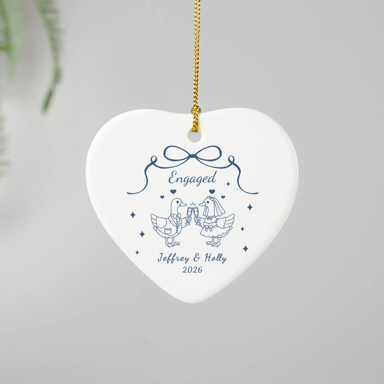 Personalized Ceramic Engaged Goose Ornament Keepsake, Custom Names & Year Bauble with Gold String, Coquette Minimalist Aesthetic Wedding Gift for Newly Engaged Couples, Tree Decoration 4