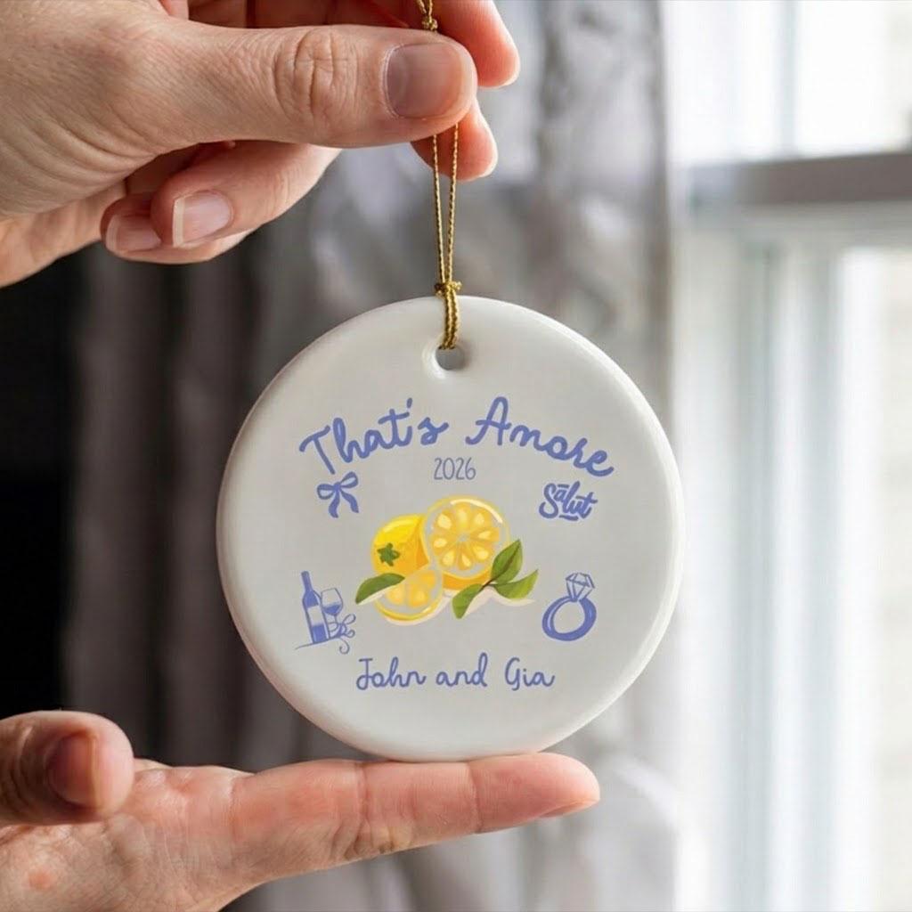Custom Glossy Round Ceramic Circle Decor - Italian Amalfi Coast Mediterranean Aesthetic Ornament Keepsake, Blue & Yellow Lemons, Personalized Wedding Date, Couple Gift for Engagement Xmas 4