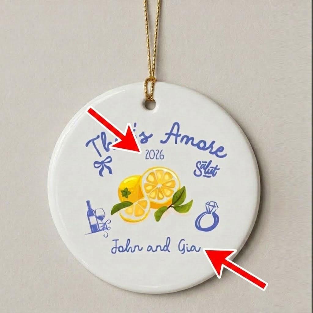 Custom Glossy Round Ceramic Circle Decor - Italian Amalfi Coast Mediterranean Aesthetic Ornament Keepsake, Blue & Yellow Lemons, Personalized Wedding Date, Couple Gift for Engagement Xmas 2