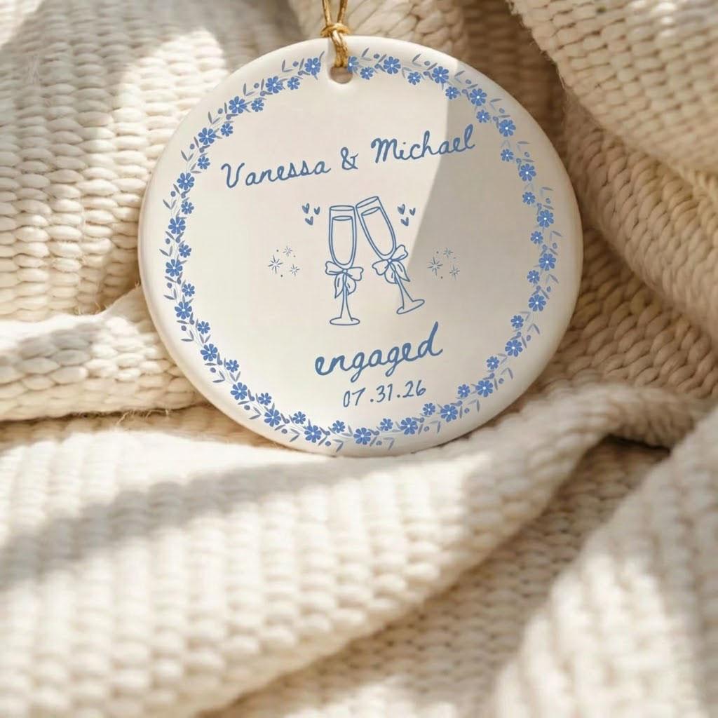 Personalized Round Circle Ornament - Minimalist Glossy Metallic Porcelain Keepsake Bauble with Gold String, Elegant Floral Decor for Newly Engaged Couples, Custom Wedding Gift Idea 4