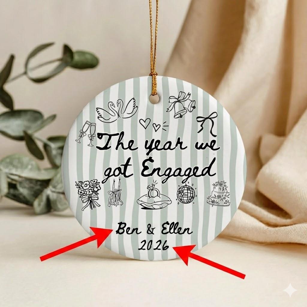 Custom Round Ceramic Ornament - Circle, Glossy, Metallic Decor, Sage Striped, Minimalist Keepsake for Couples, Wedding & Engagement Gift Idea 2