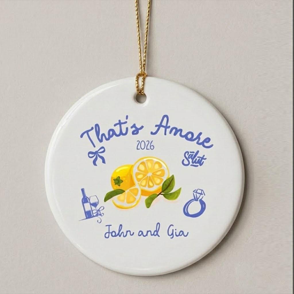 Custom Glossy Round Ceramic Circle Decor - Italian Amalfi Coast Mediterranean Aesthetic Ornament Keepsake, Blue & Yellow Lemons, Personalized Wedding Date, Couple Gift for Engagement Xmas 3