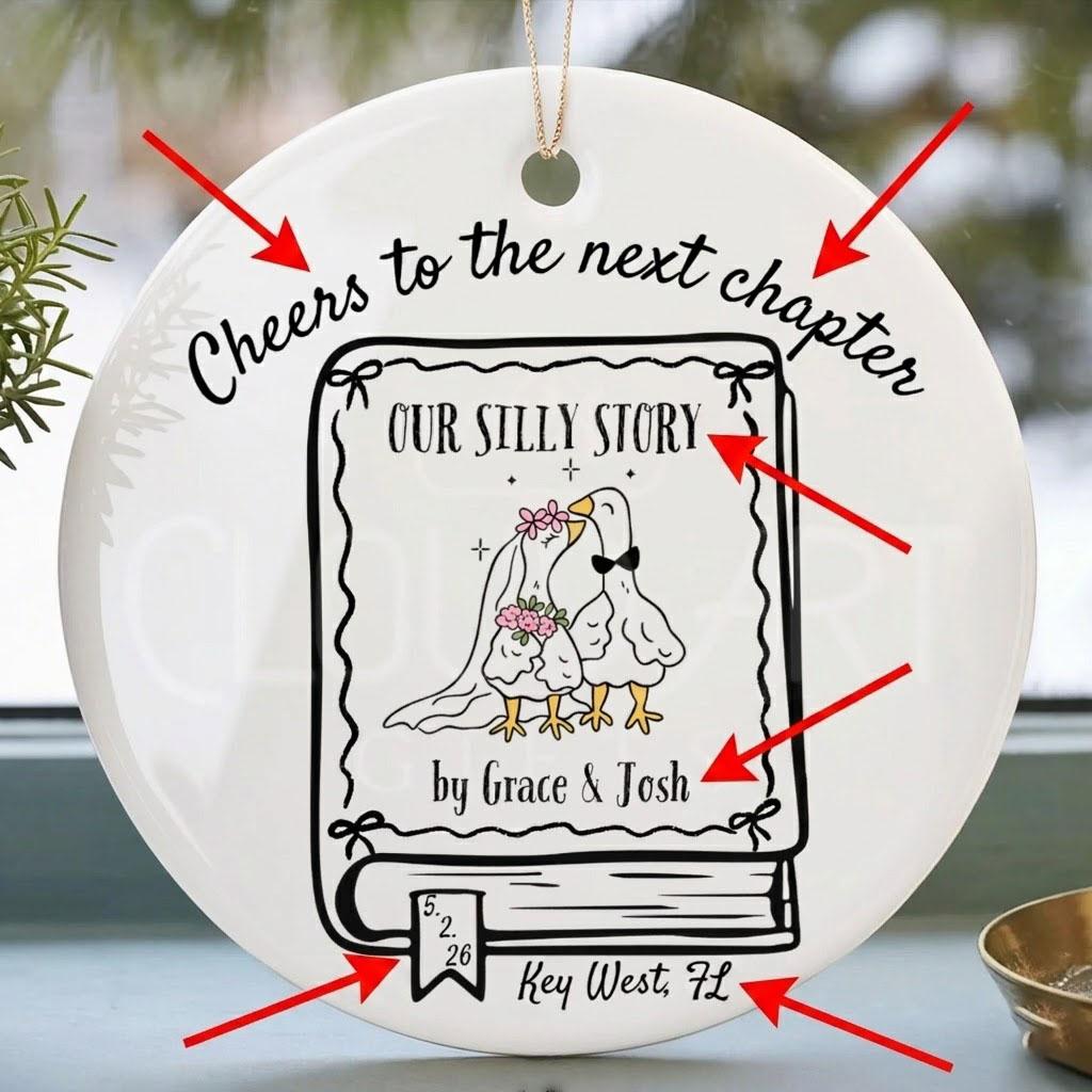 Custom Ceramic Circle Glossy Bookish Wedding Ornament, Round Metallic Keepsake for Engaged Couples, Gold String Decor, Personalized Book Lover Gift for Wedding Engagement Parties 2