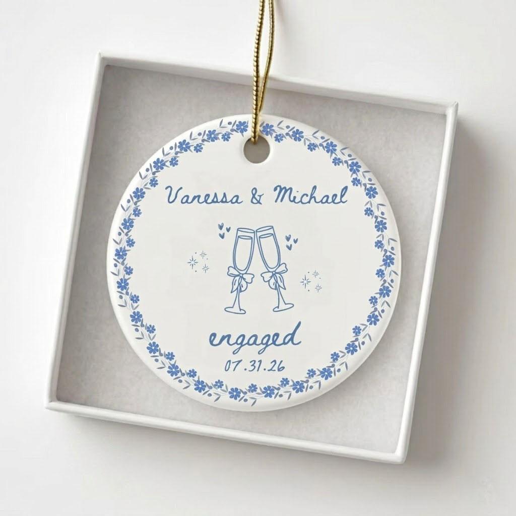 Personalized Round Circle Ornament - Minimalist Glossy Metallic Porcelain Keepsake Bauble with Gold String, Elegant Floral Decor for Newly Engaged Couples, Custom Wedding Gift Idea 3