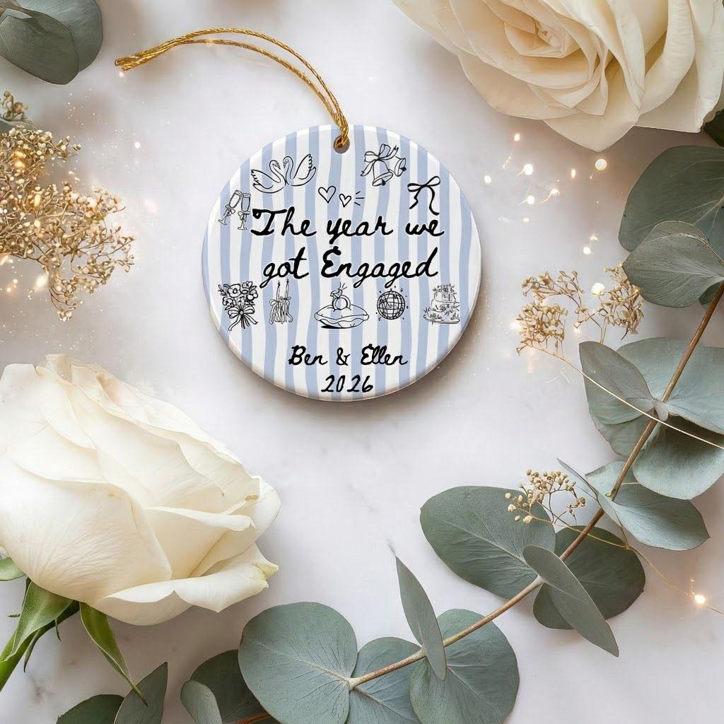 Custom Round Ceramic Ornament - Circle, Glossy, Metallic Decor, Sage Striped, Minimalist Keepsake for Couples, Wedding & Engagement Gift Idea 3