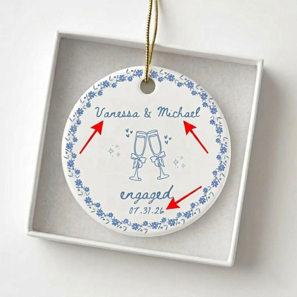 Personalized Round Circle Ornament - Minimalist Glossy Metallic Porcelain Keepsake Bauble with Gold String, Elegant Floral Decor for Newly Engaged Couples, Custom Wedding Gift Idea 2