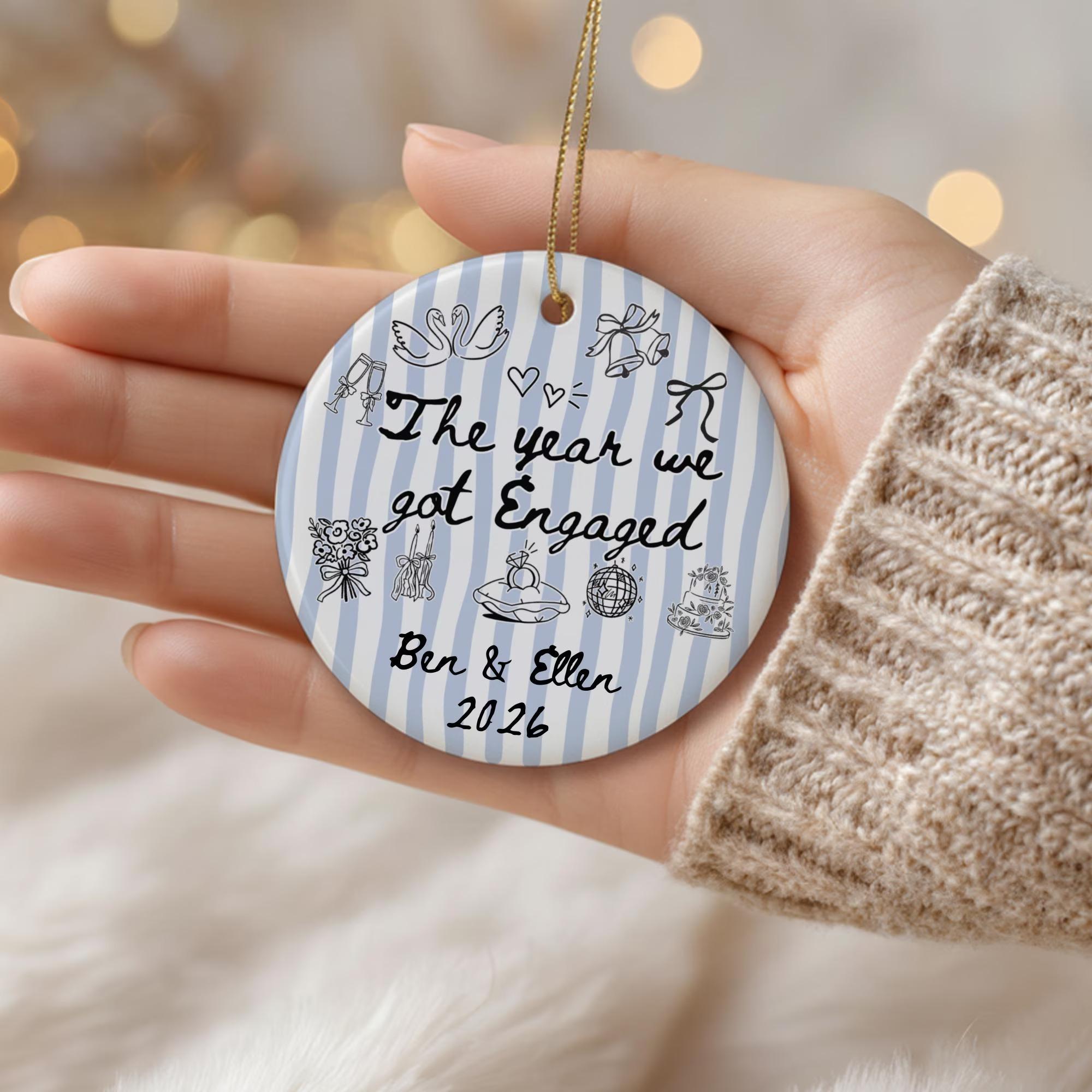 Custom Round Ceramic Ornament - Circle, Glossy, Metallic Decor, Sage Striped, Minimalist Keepsake for Couples, Wedding & Engagement Gift Idea 4