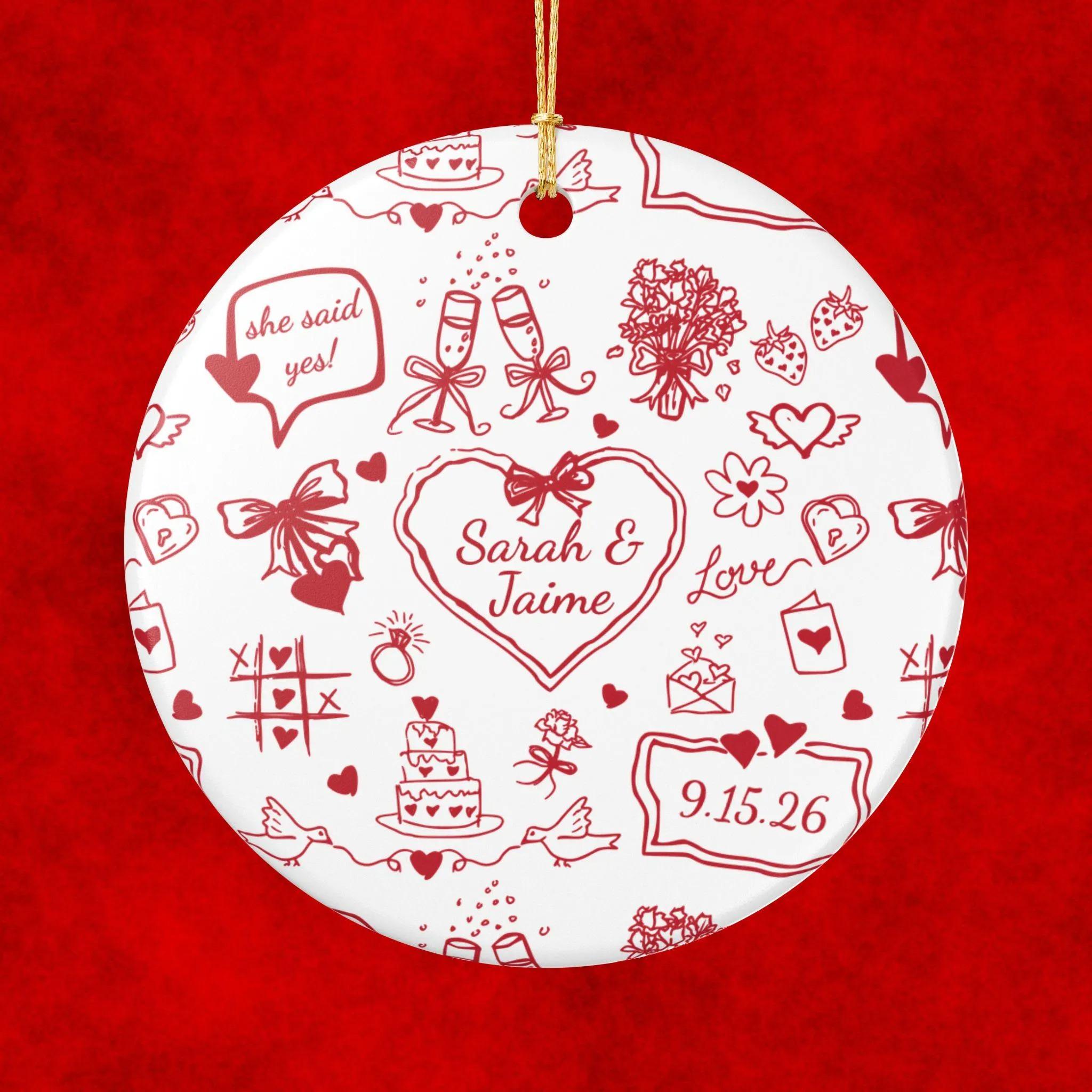 Personalized Ceramic Keepsake Ornament, Hand-Drawn Doodle Coquette Aesthetic, Red & White with Gold String, Custom Names & Date, Romantic Engagement/Wedding Gift for Couples 3