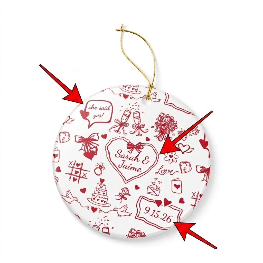 Personalized Ceramic Keepsake Ornament, Hand-Drawn Doodle Coquette Aesthetic, Red & White with Gold String, Custom Names & Date, Romantic Engagement/Wedding Gift for Couples 2