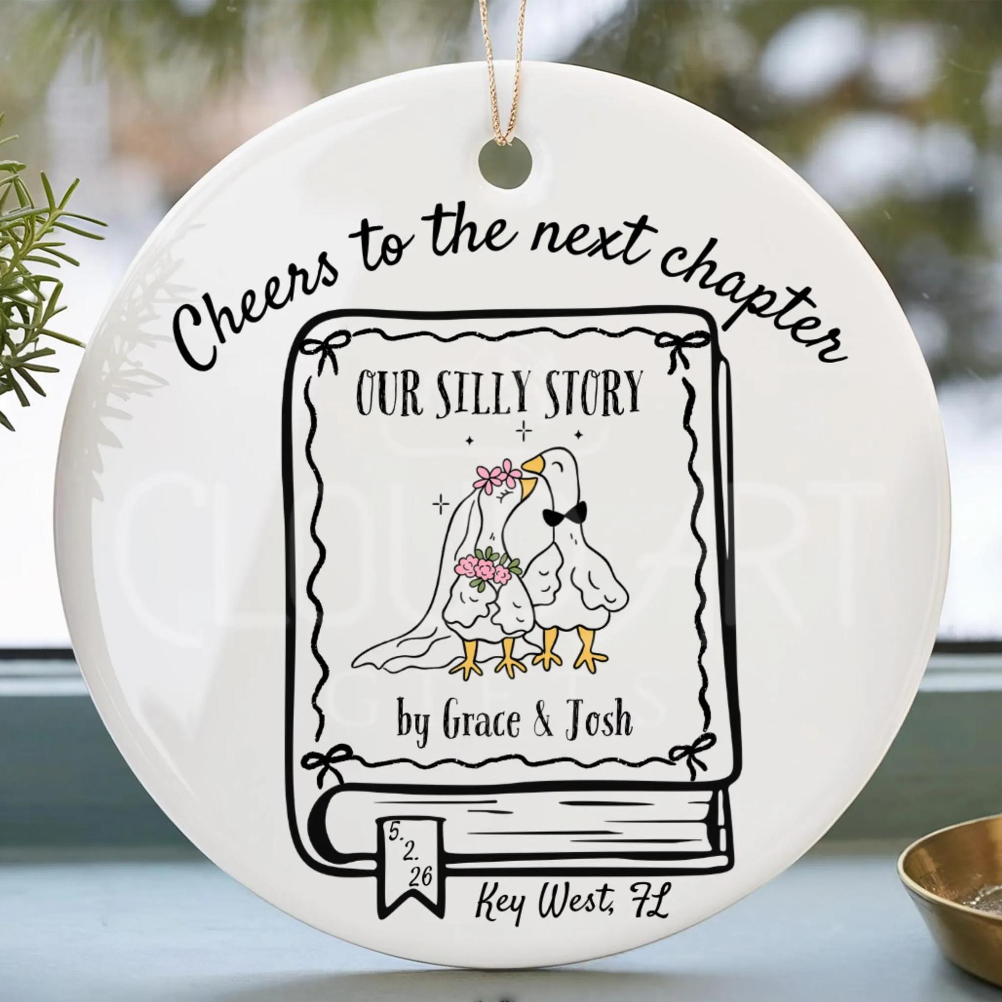 Custom Ceramic Circle Glossy Bookish Wedding Ornament, Round Metallic Keepsake for Engaged Couples, Gold String Decor, Personalized Book Lover Gift for Wedding Engagement Parties 4