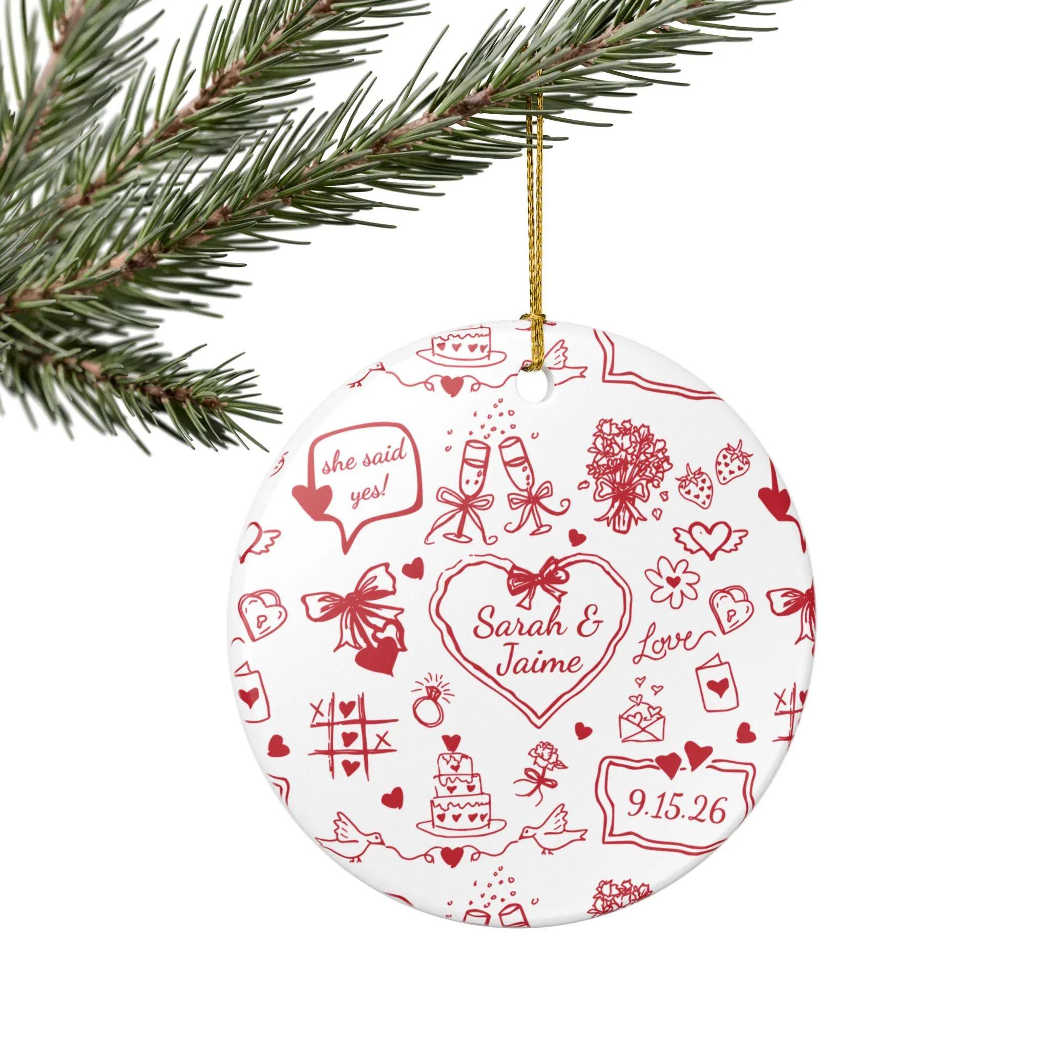 Personalized Ceramic Keepsake Ornament, Hand-Drawn Doodle Coquette Aesthetic, Red & White with Gold String, Custom Names & Date, Romantic Engagement/Wedding Gift for Couples 4