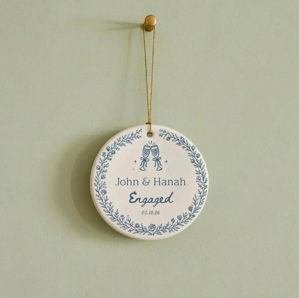 Personalized Glossy Round Metallic Ceramic Circle Ornament, Custom Name Bauble for Engaged Couples, Elegant Blue Chinoiserie Floral Wedding Keepsake & Bridal Shower Present 4