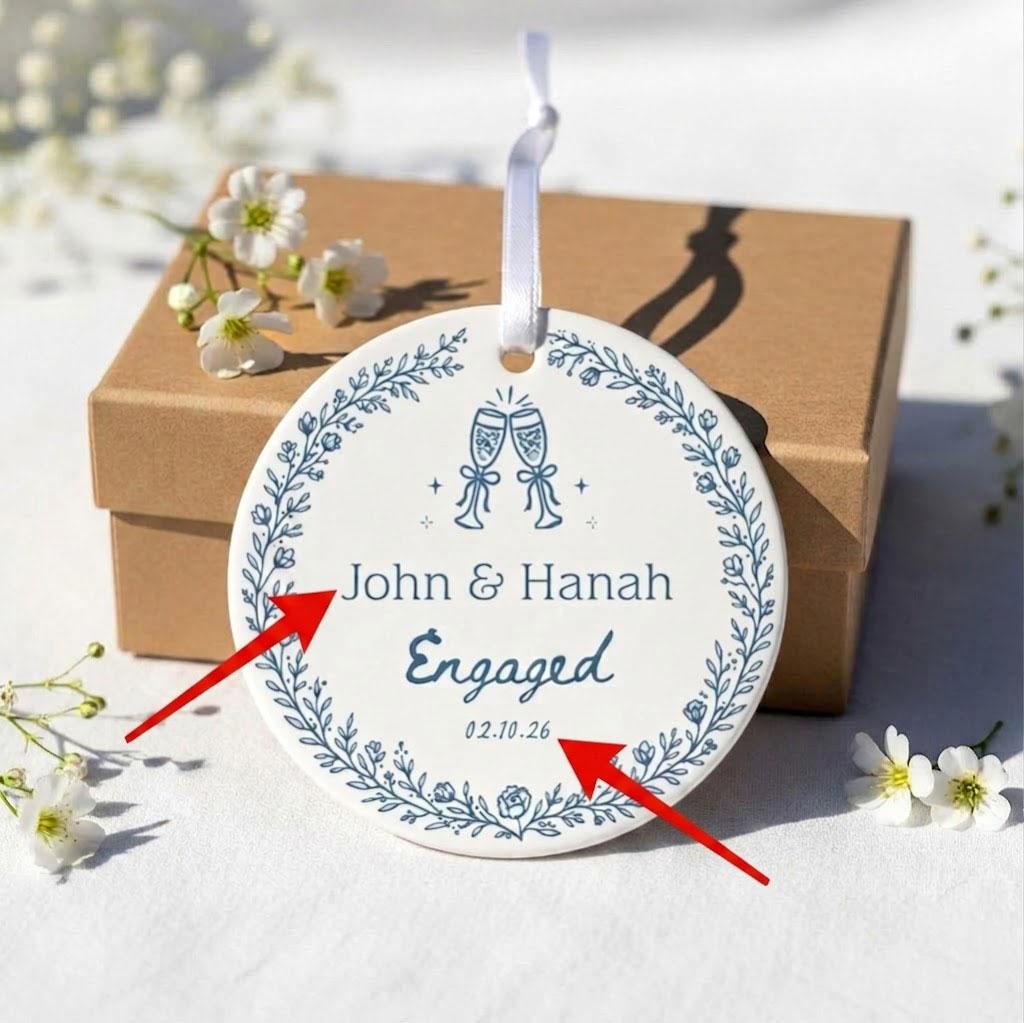 Personalized Glossy Round Metallic Ceramic Circle Ornament, Custom Name Bauble for Engaged Couples, Elegant Blue Chinoiserie Floral Wedding Keepsake & Bridal Shower Present 2