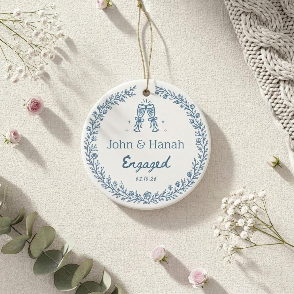 Personalized Glossy Round Metallic Ceramic Circle Ornament, Custom Name Bauble for Engaged Couples, Elegant Blue Chinoiserie Floral Wedding Keepsake & Bridal Shower Present 3
