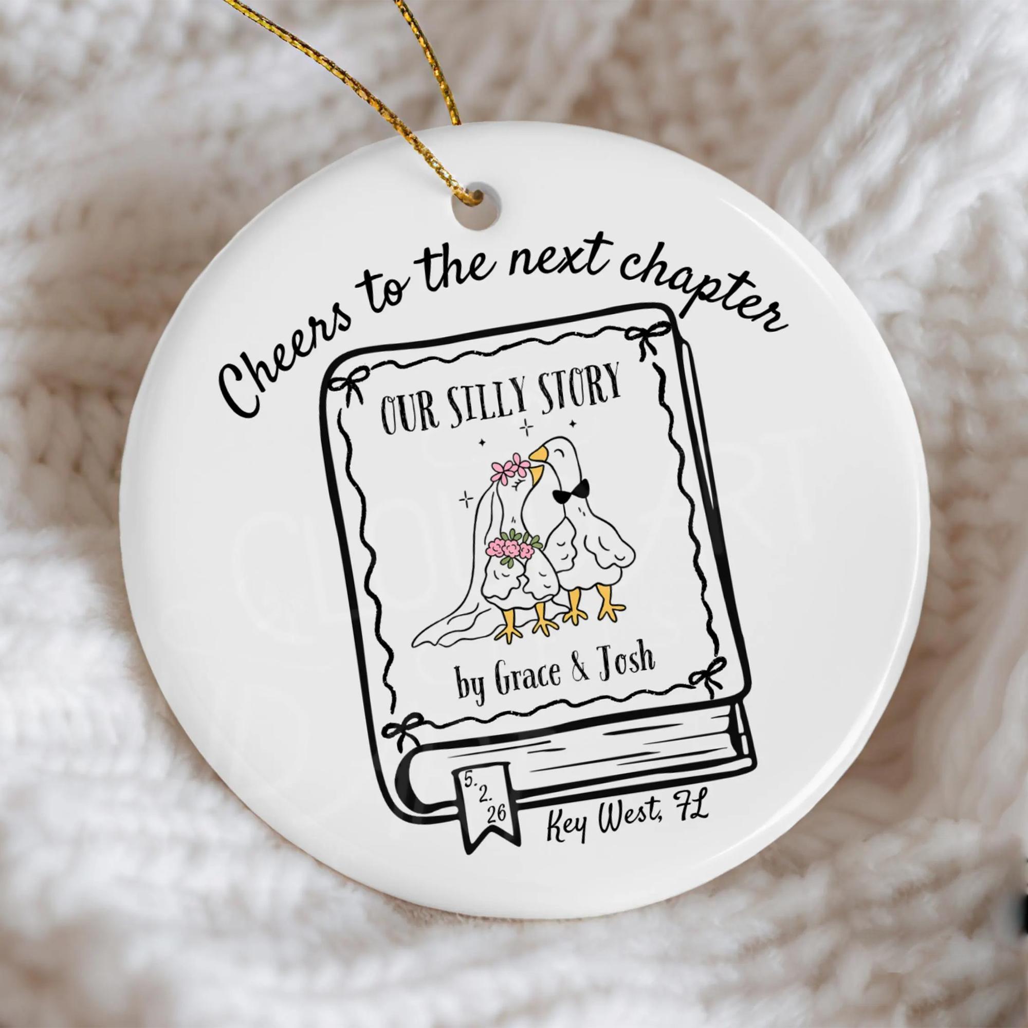 Custom Ceramic Circle Glossy Bookish Wedding Ornament, Round Metallic Keepsake for Engaged Couples, Gold String Decor, Personalized Book Lover Gift for Wedding Engagement Parties 3