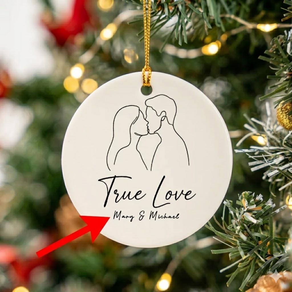Personalized Ceramic Circle Glossy Metallic Round Heart-Shaped Christmas Tree Ornament, Minimalist Line Art Aesthetic with Gold String, Custom Name Keepsake for Couples, True Love Wedding Gift 2