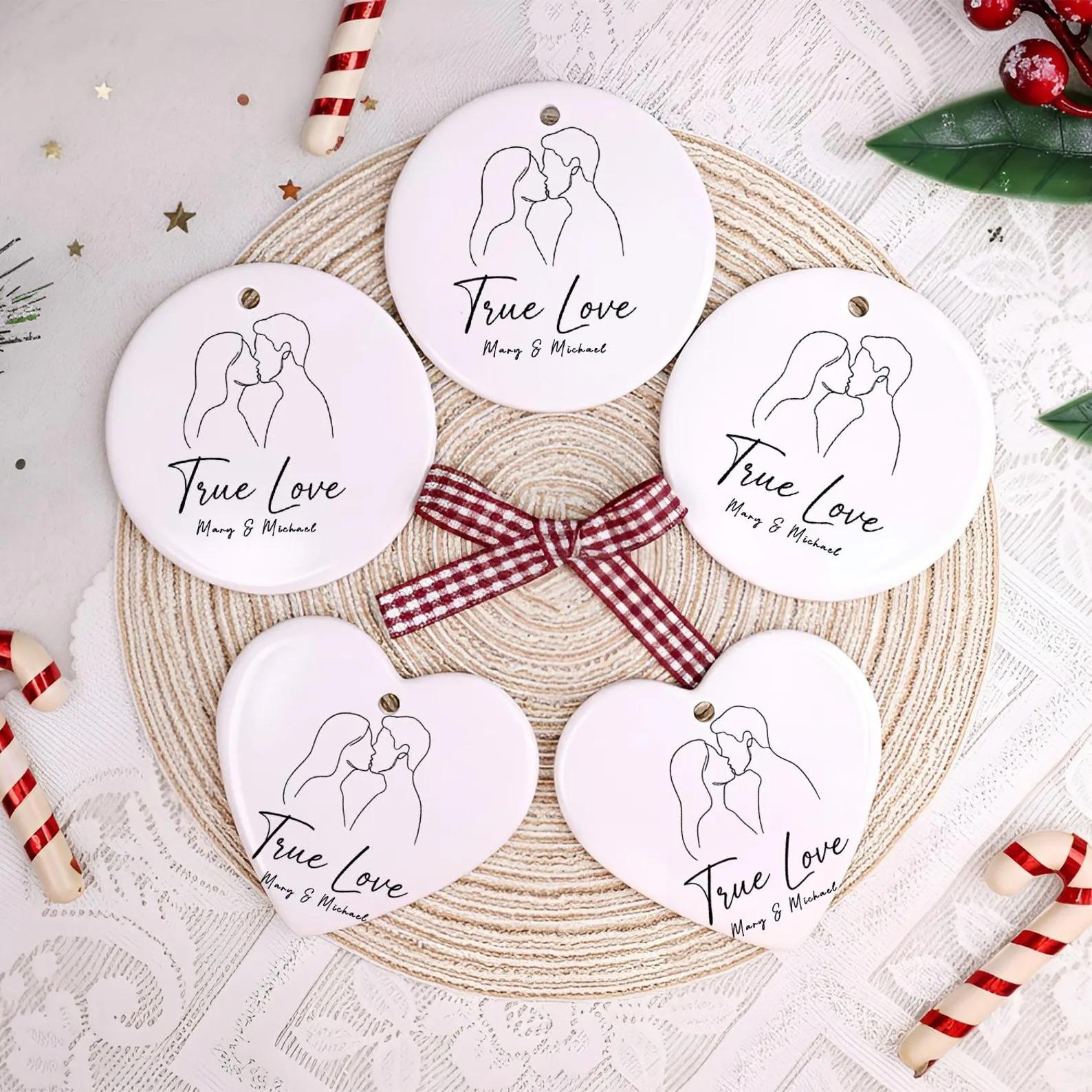 Personalized Ceramic Circle Glossy Metallic Round Heart-Shaped Christmas Tree Ornament, Minimalist Line Art Aesthetic with Gold String, Custom Name Keepsake for Couples, True Love Wedding Gift 4