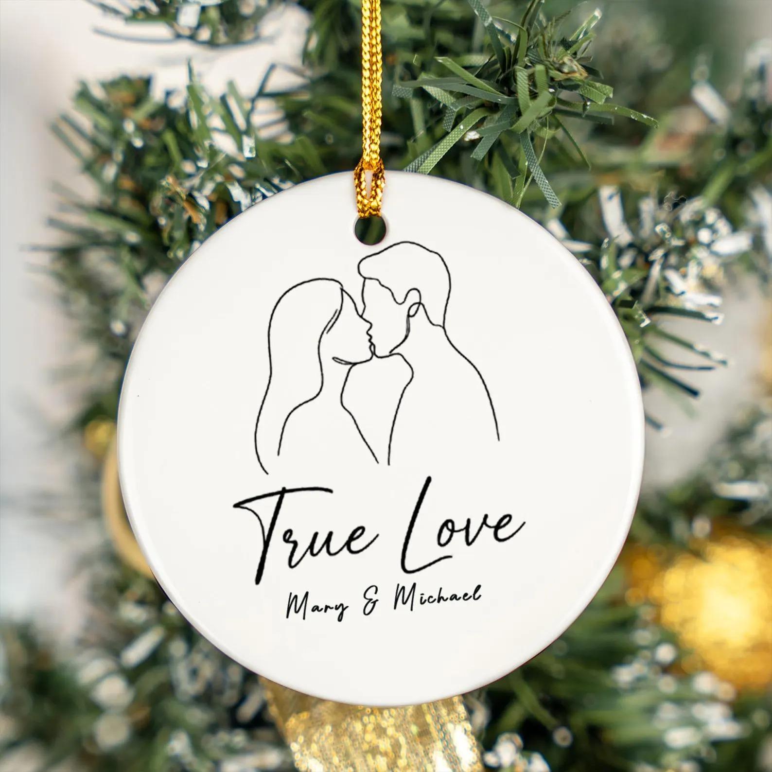 Personalized Ceramic Circle Glossy Metallic Round Heart-Shaped Christmas Tree Ornament, Minimalist Line Art Aesthetic with Gold String, Custom Name Keepsake for Couples, True Love Wedding Gift 3