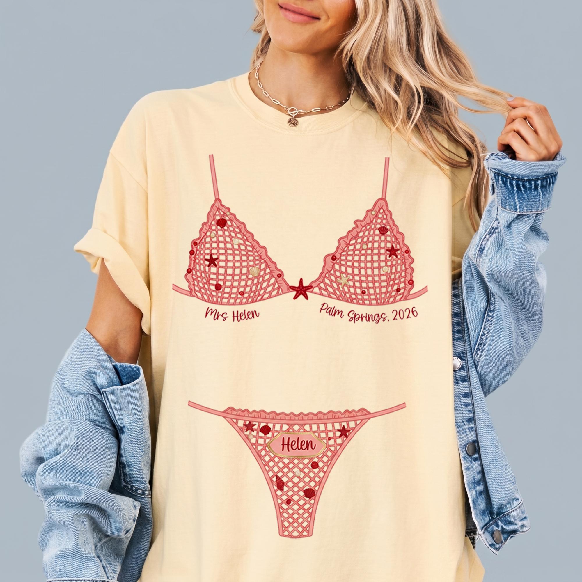 Personalized Crochet Bikini Print Oversized T-Shirt Cover Up For Women Bachelorette Bridal Party Matching Preppy Coquette Y2K Beach Vacation White Cotton Graphic Tee Custom Name Text Mrs Bride Swimsuit Illusion Shirt Novelty Summer Top Clothing 4