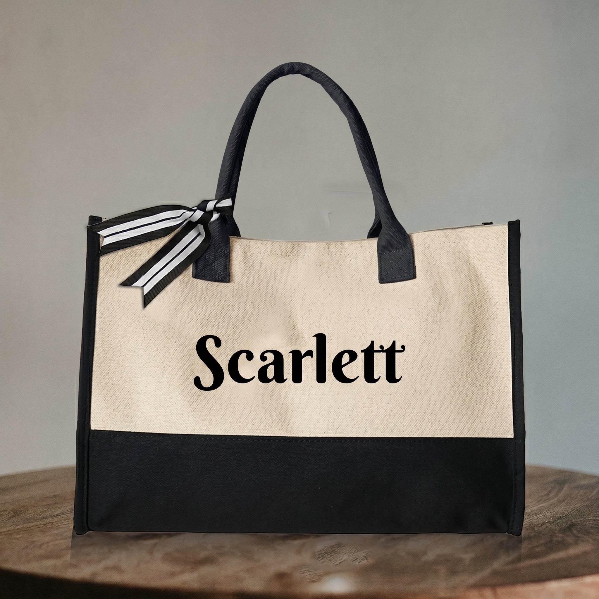 Personalized Name Canvas Tote Bag for Women Bride Bridesmaid Proposal Preppy Coquette Minimalist Black and Cream Cotton Canvas Custom Monogrammed Gift for Her Bachelorette Bach Trip Beach Vacation Shopper with Ribbon Bow 3
