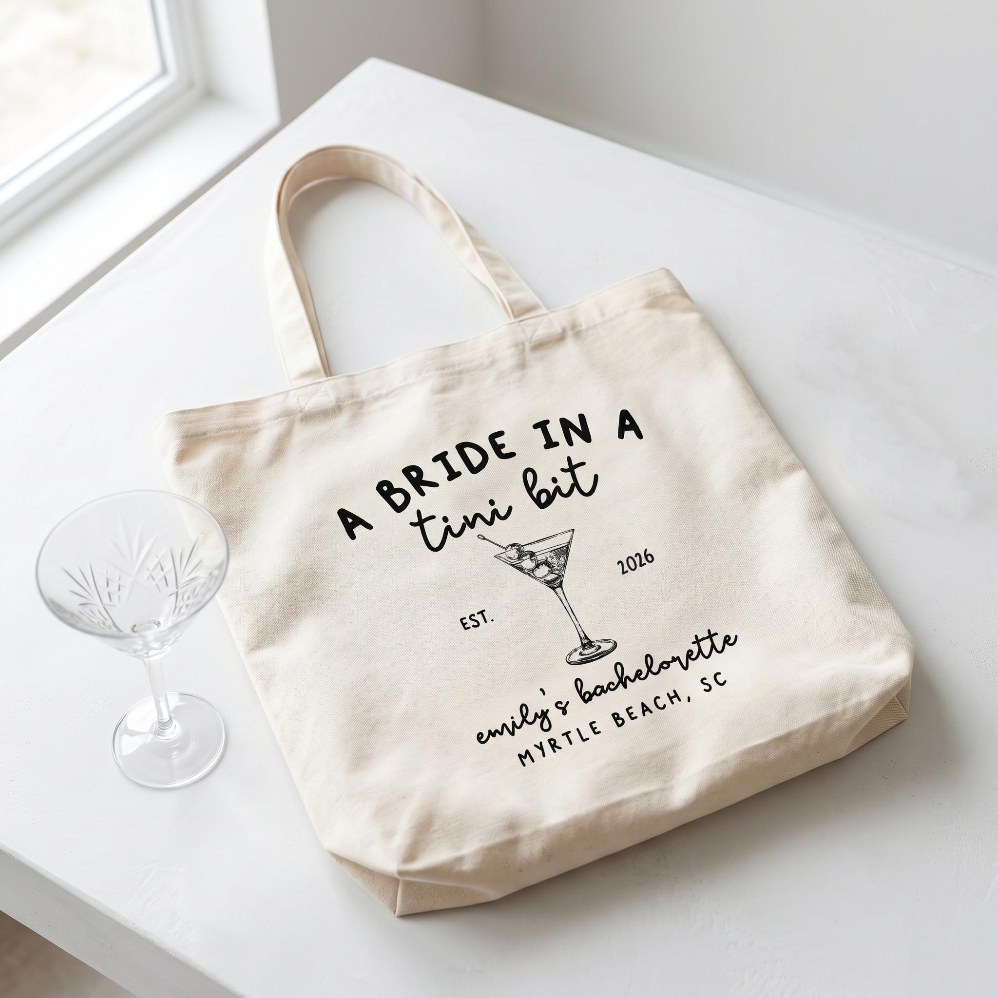 Personalized Bachelorette Party Canvas Tote Bag for Bride Squad and Bridesmaids Cocktail-Core Mob Wife Aesthetic Natural Cotton Canvas A Bride in a Tini Bit Martini Design Custom Wedding Favor Reusable Eco Friendly Gift Bag 2