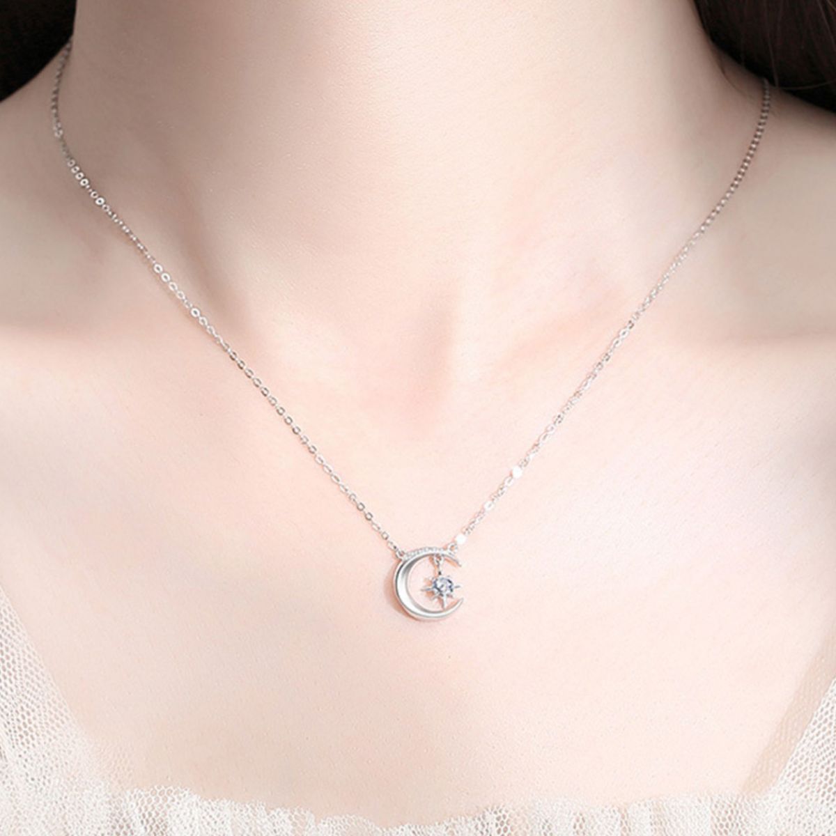 925 Sterling Silver Moissanite Star Moon Necklace 2