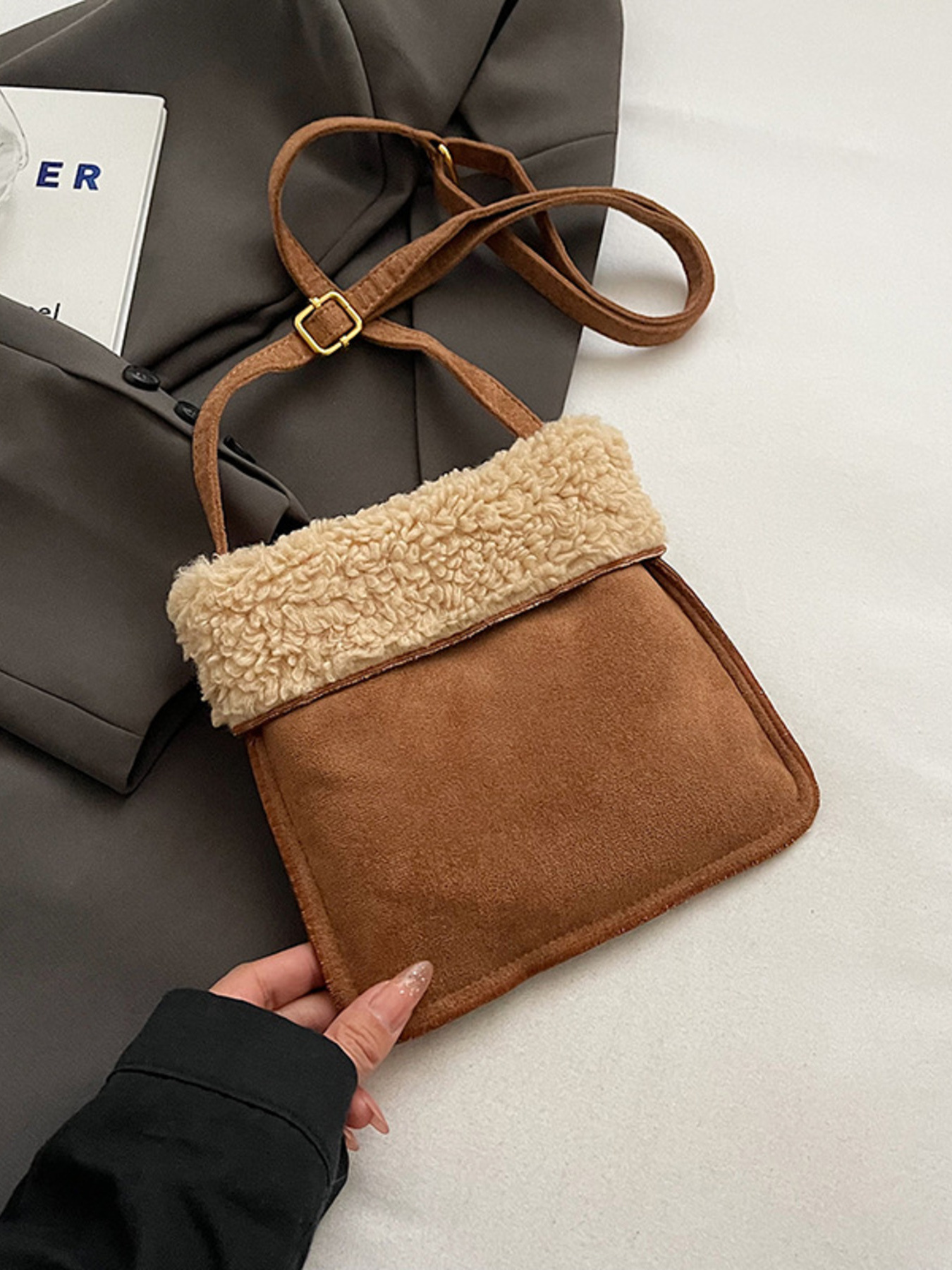 Teddy Bear Charm Plush Trim Crossbody Bag 3
