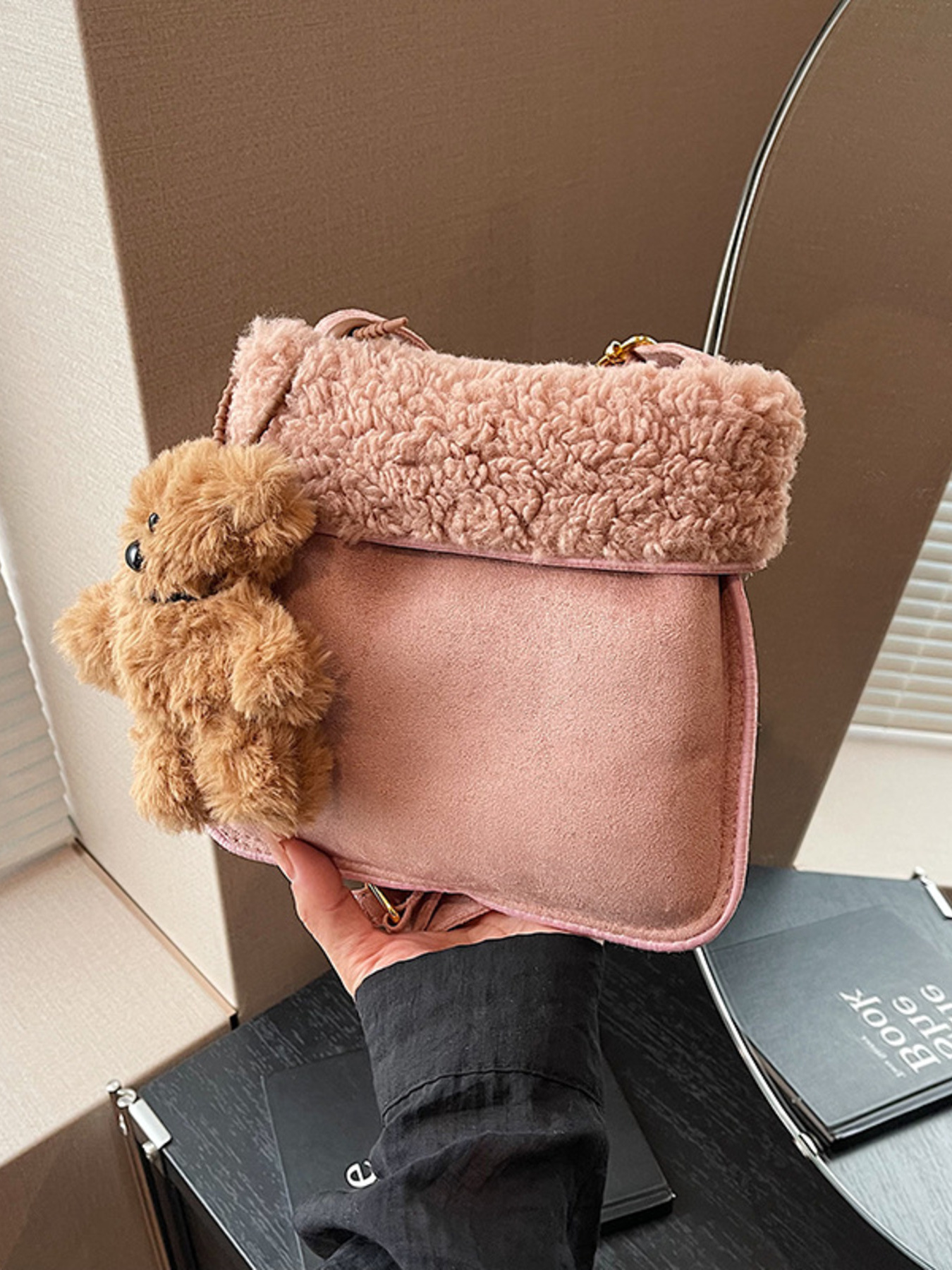 Teddy Bear Charm Plush Trim Crossbody Bag 4