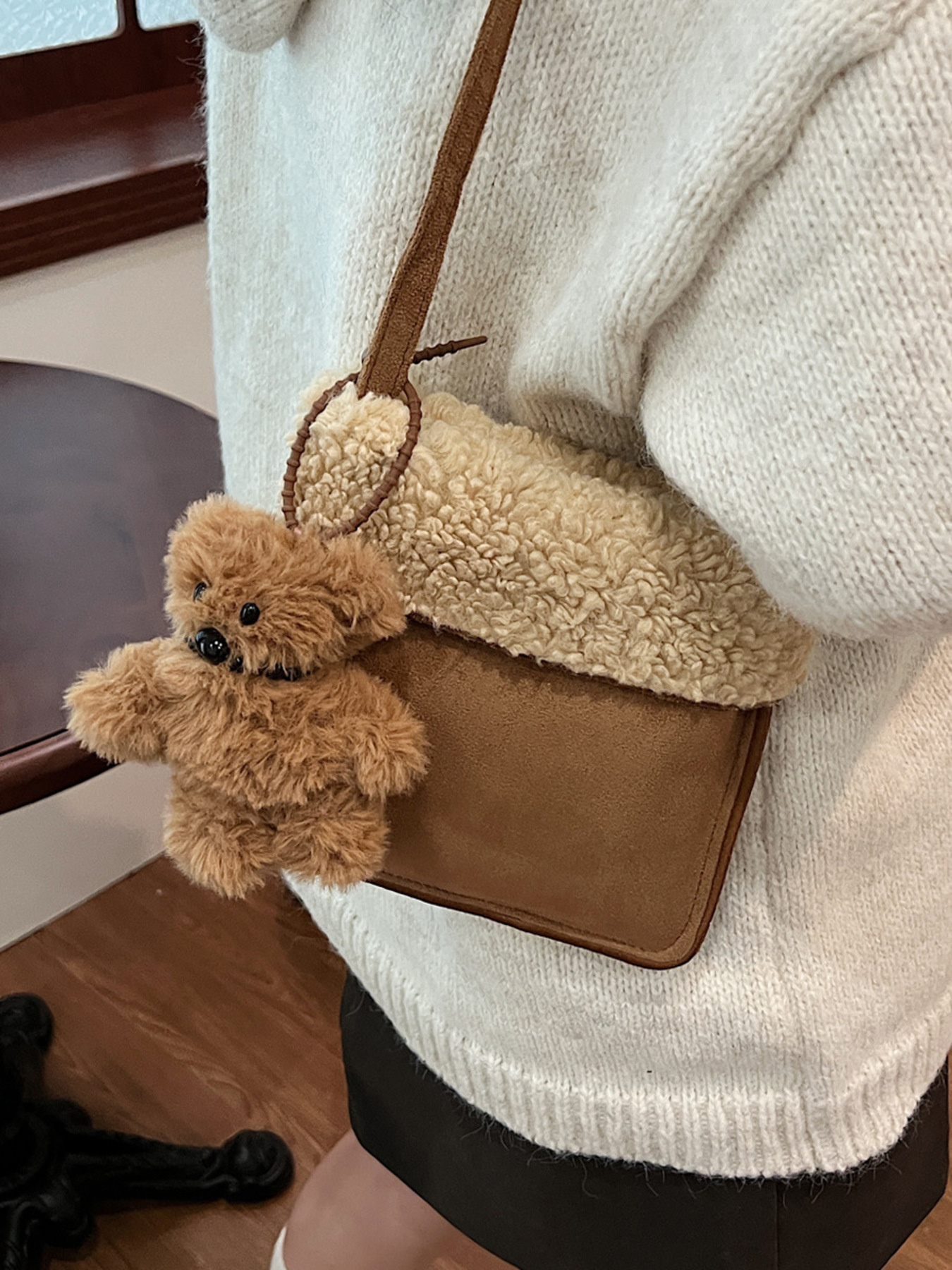 Teddy Bear Charm Plush Trim Crossbody Bag 2