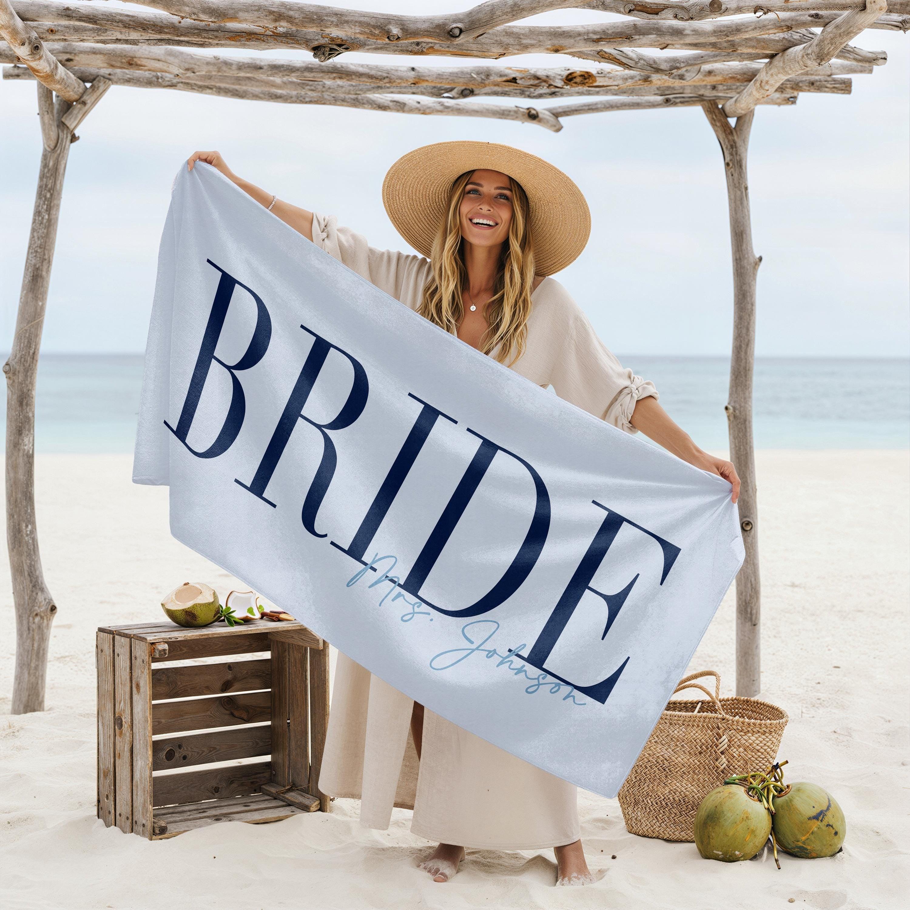 Custom Personalized Future Mrs Bride Beach Towel for Women Elegant Coastal Aesthetic Light Blue Pool Towel Bachelorette Party Favor Bridal Shower Gift Honeymoon Travel Essential Summer Vacation Accessory Quick Dry 4
