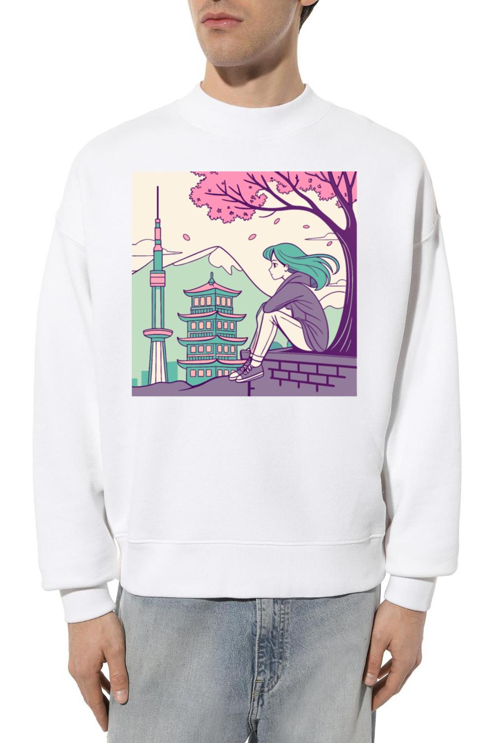 _Peaceful Anime Vibes_ Girl Relaxing with Sakura - Unisex Sweatshirt