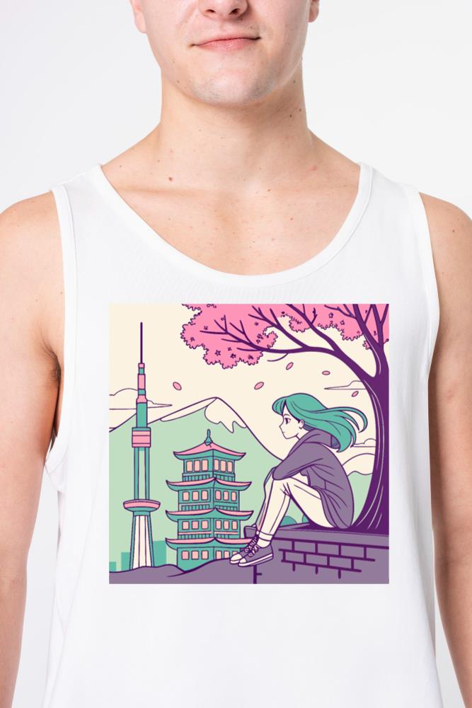_Peaceful Anime Vibes_ Girl Relaxing with Sakura - Unisex Tank Top