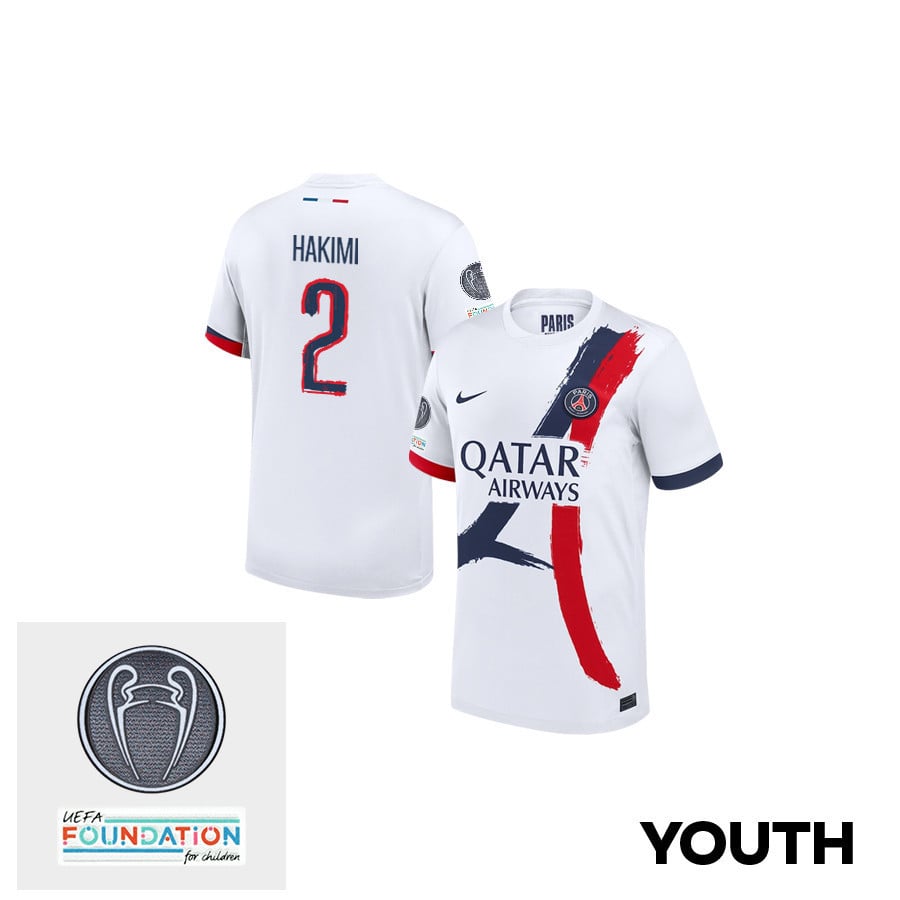 Achraf Hakimi 2 Paris Saint-Germain UEFA Champions League Titleholder 2024/25 Champions Away YOUTH Jersey - White