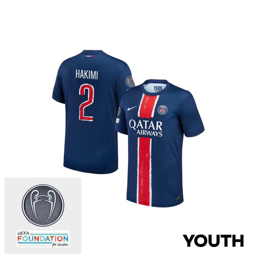 Achraf Hakimi 2 Paris Saint-Germain UEFA Champions League Titleholder 2024/25 Champions Home YOUTH Jersey - Blue