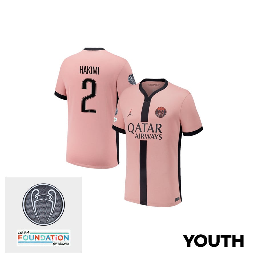 Achraf Hakimi 2 Paris Saint-Germain UEFA Champions League Titleholder 2024/25 Champions Third YOUTH Jersey - Pink