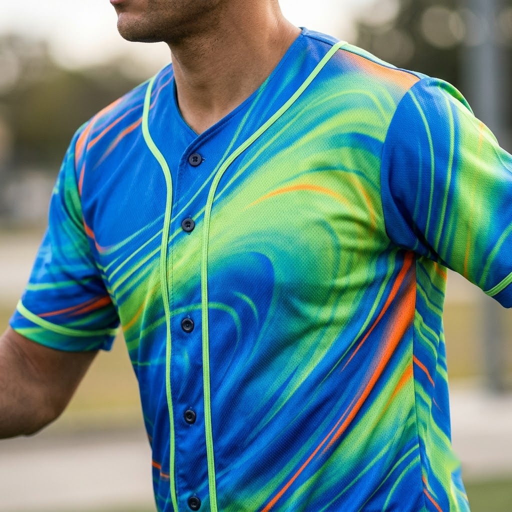 Dynamic Energy Motion Baseball Jersey with Vibrant Color Gradients
