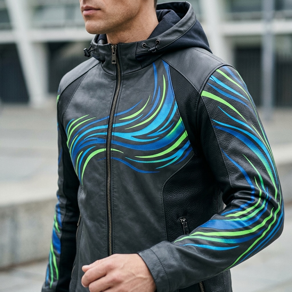 Electric Pulse Motion Hooded Leather Jacket