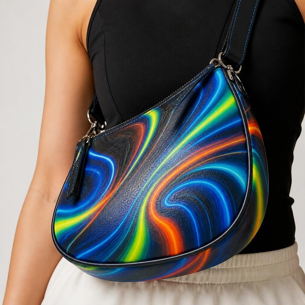 Pulse Motion Energy Leather Handbag with Vibrant Abstract Design